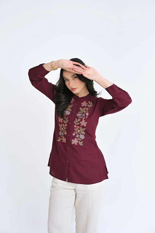Aurora Embroidered Shirt Top- Wine