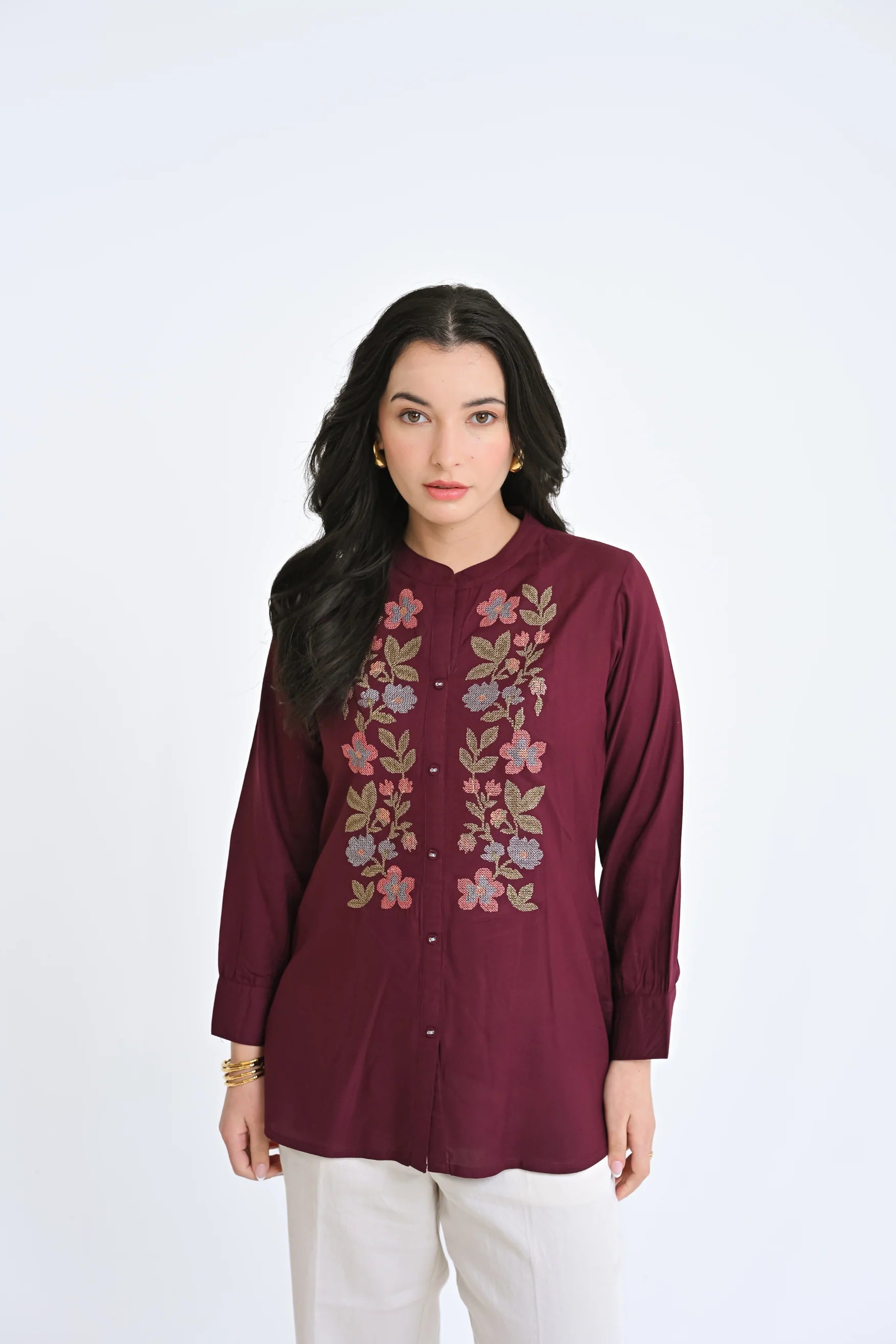 Aurora Embroidered Shirt Top- Wine