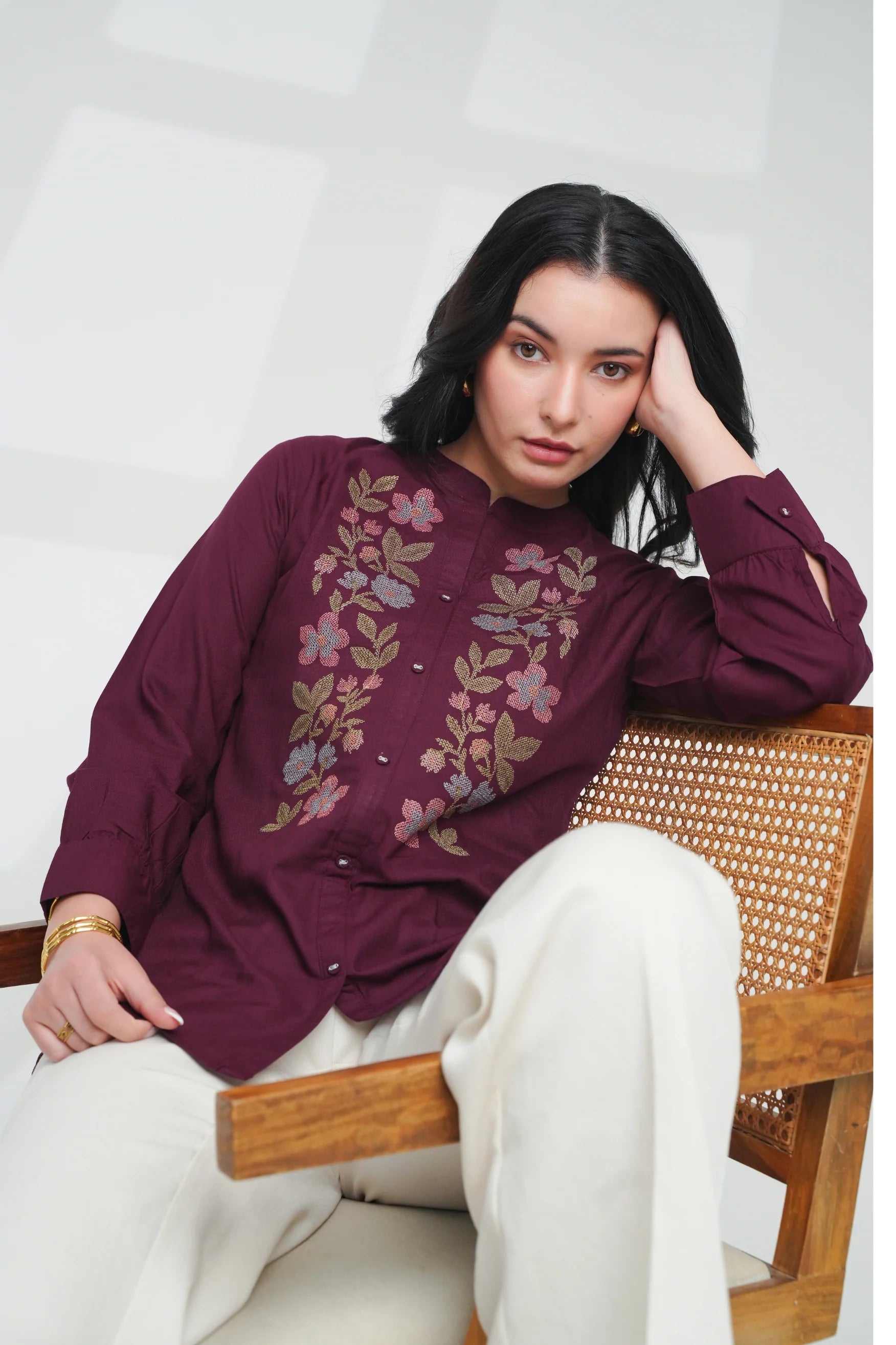 Aurora Embroidered Shirt Top- Wine