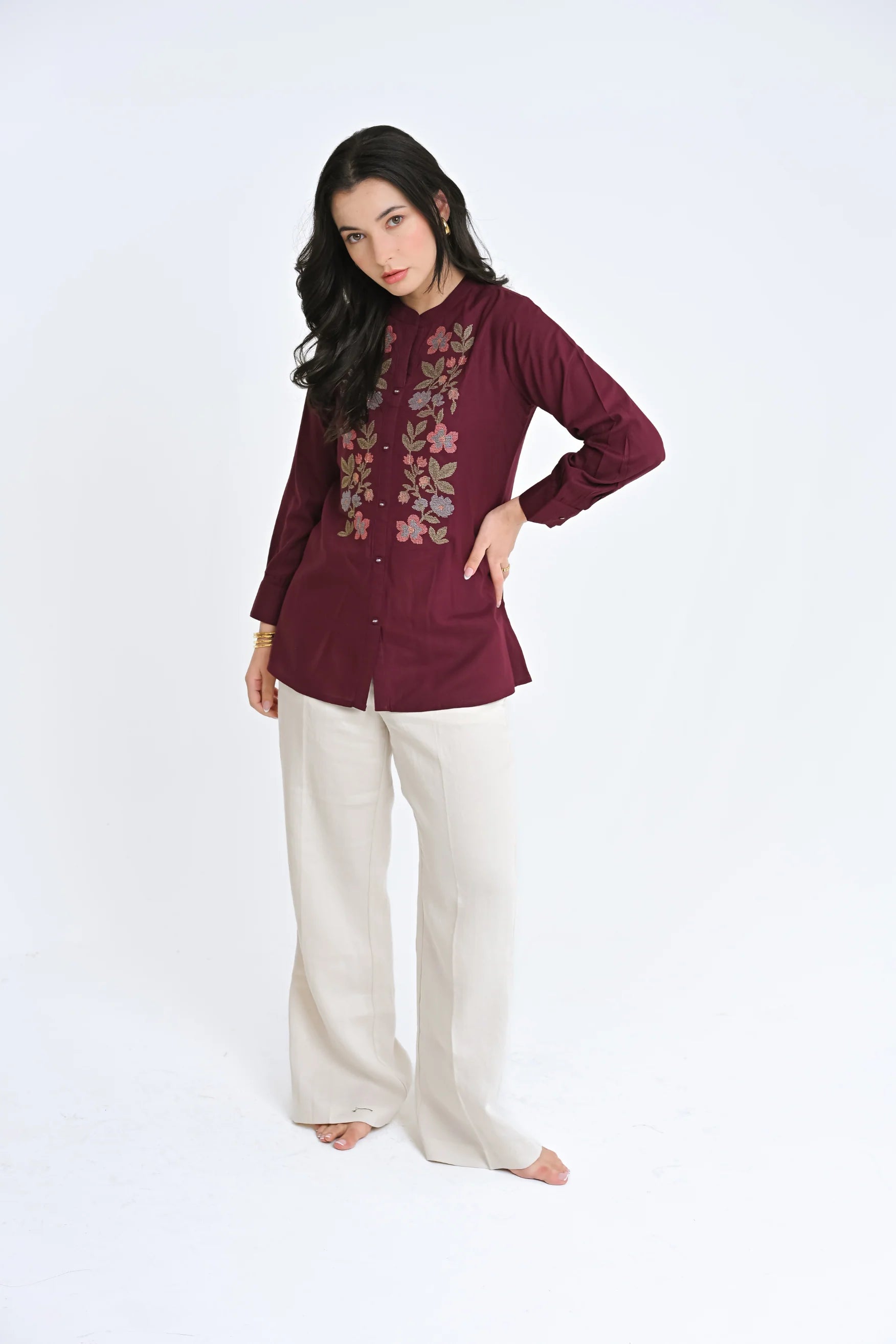 Aurora Embroidered Shirt Top- Wine