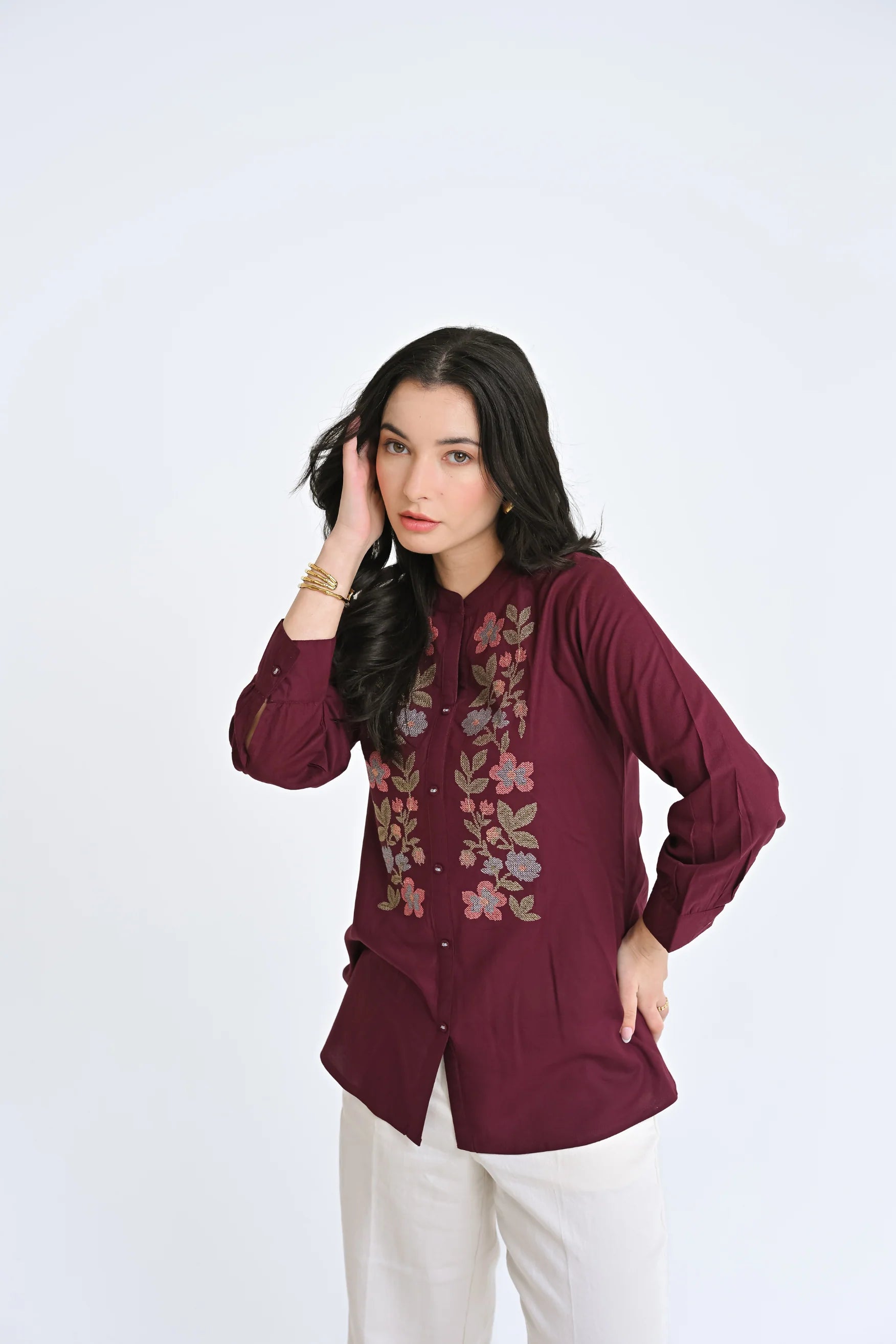 Aurora Embroidered Shirt Top- Wine