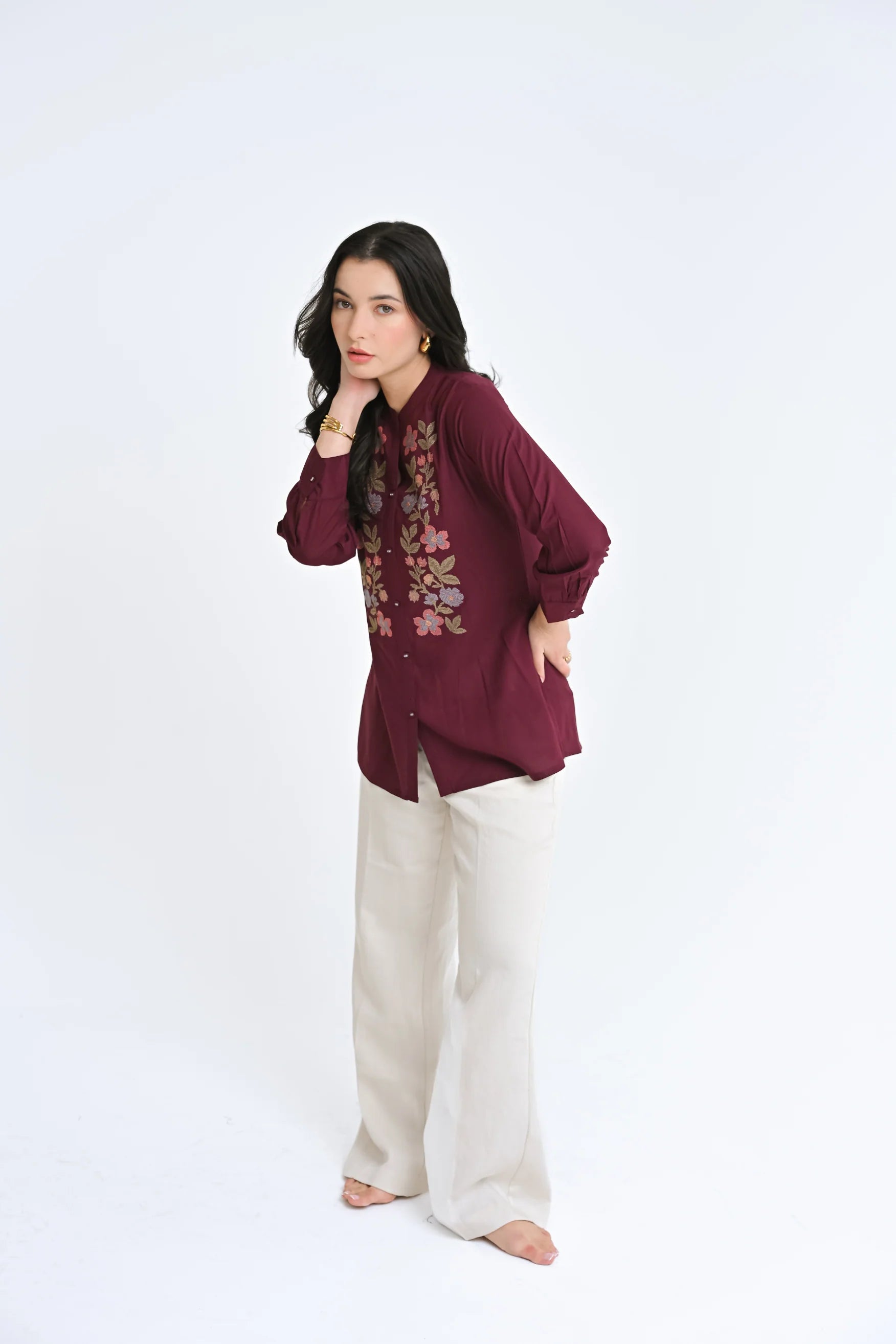 Aurora Embroidered Shirt Top- Wine