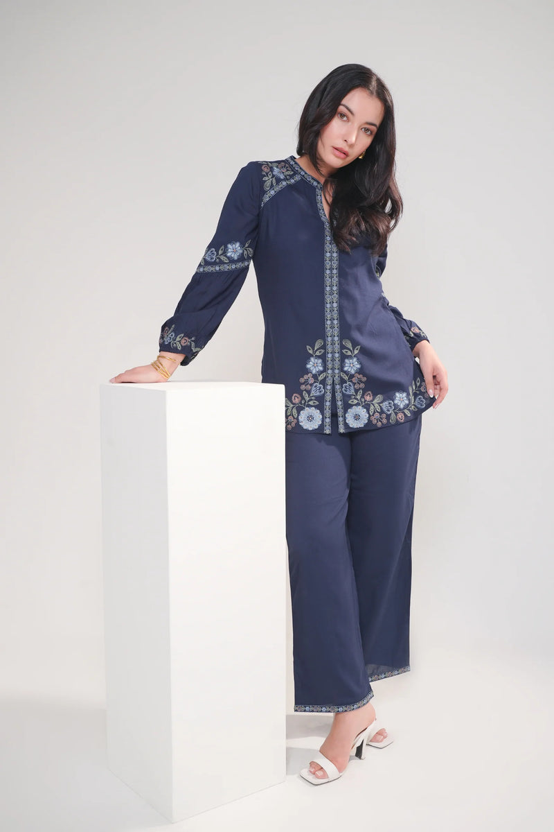 Celine Embroidered Co-ord Set- Navy