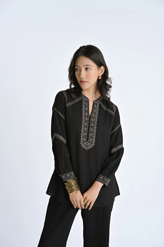 June Embroidered Top- Black