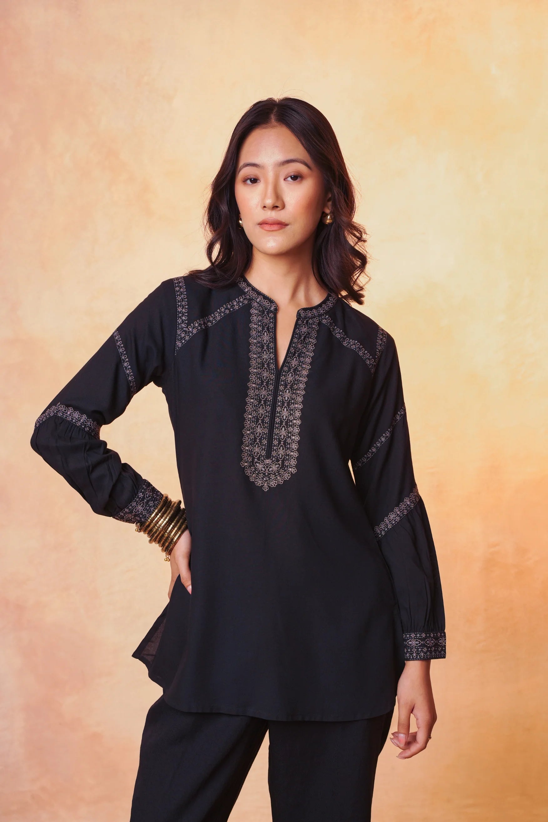 June Embroidered Top- Black