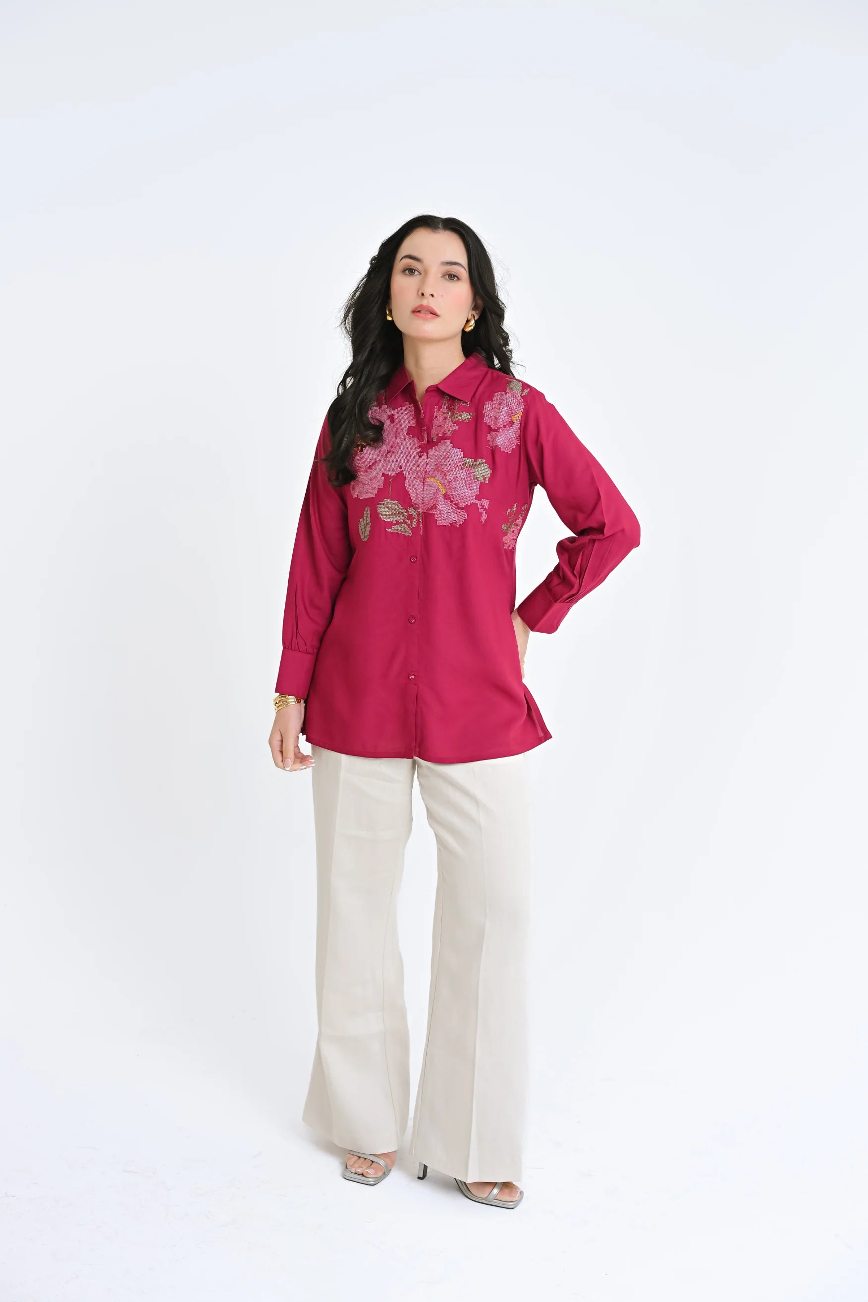 Ambrosia Embroidered Shirt Top- Magenta
