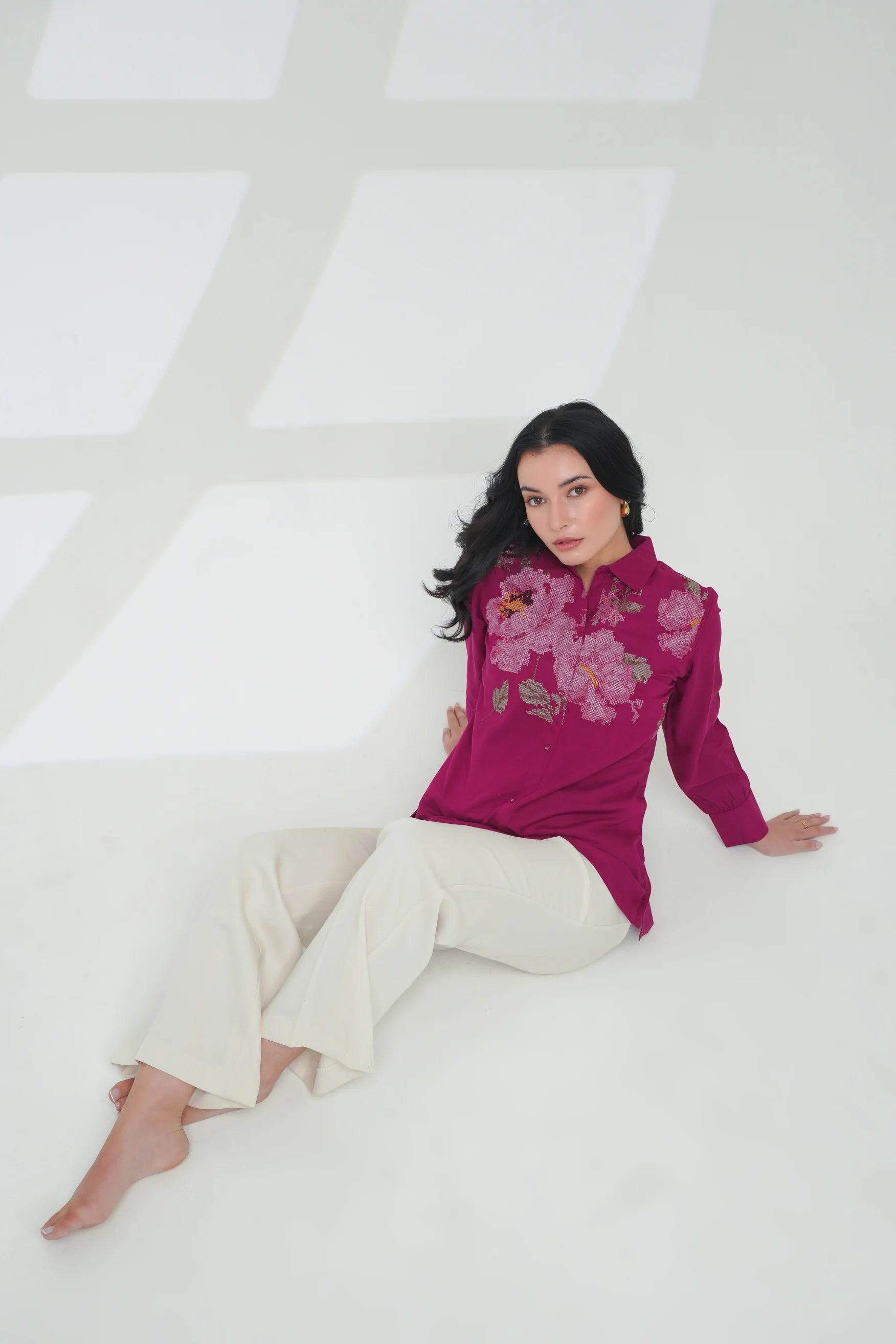 Ambrosia Embroidered Shirt Top- Magenta