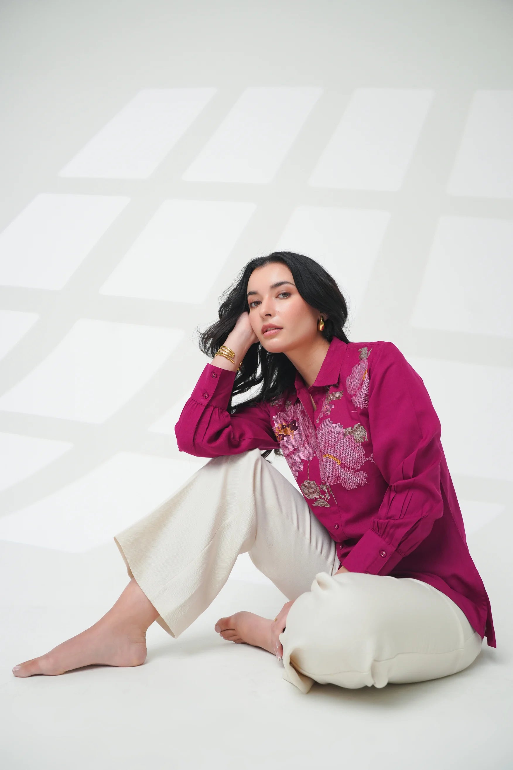 Ambrosia Embroidered Shirt Top- Magenta