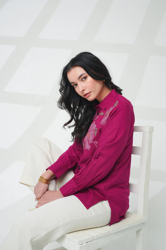 Ambrosia Embroidered Shirt Top- Magenta