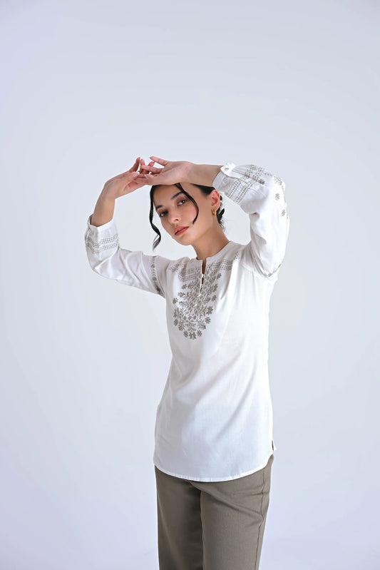 Mosaic Embroidered Top- White