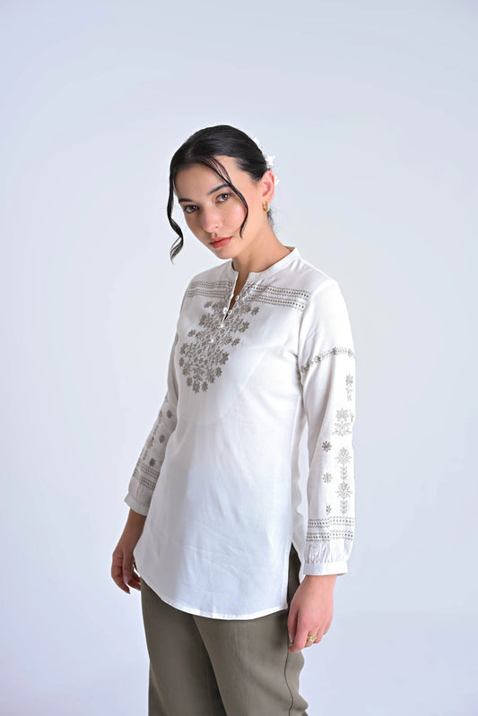 Mosaic Embroidered Top- White
