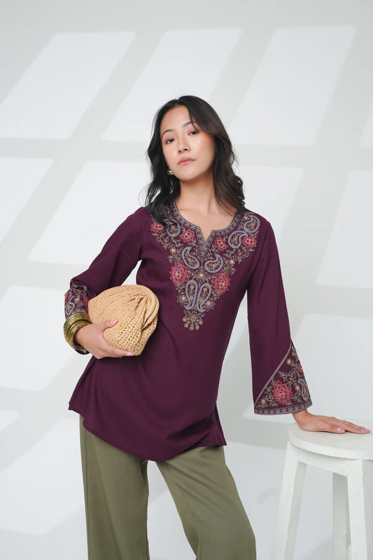 Ambi Embroidered Top- Wine