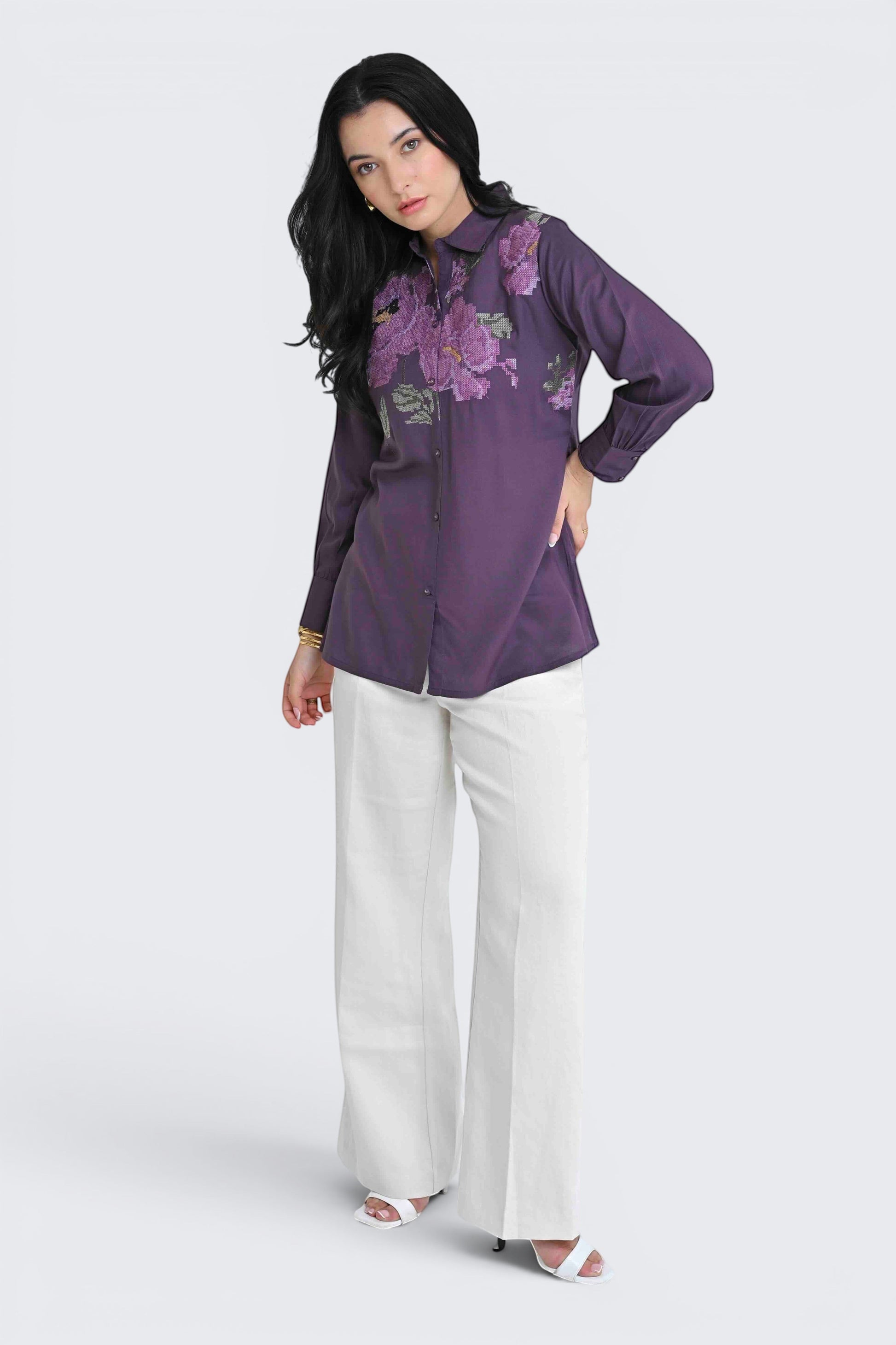 indigrey Ambrosia purple button-down shirt featuring detailed pixel cross stitch floral embroidery on the chest