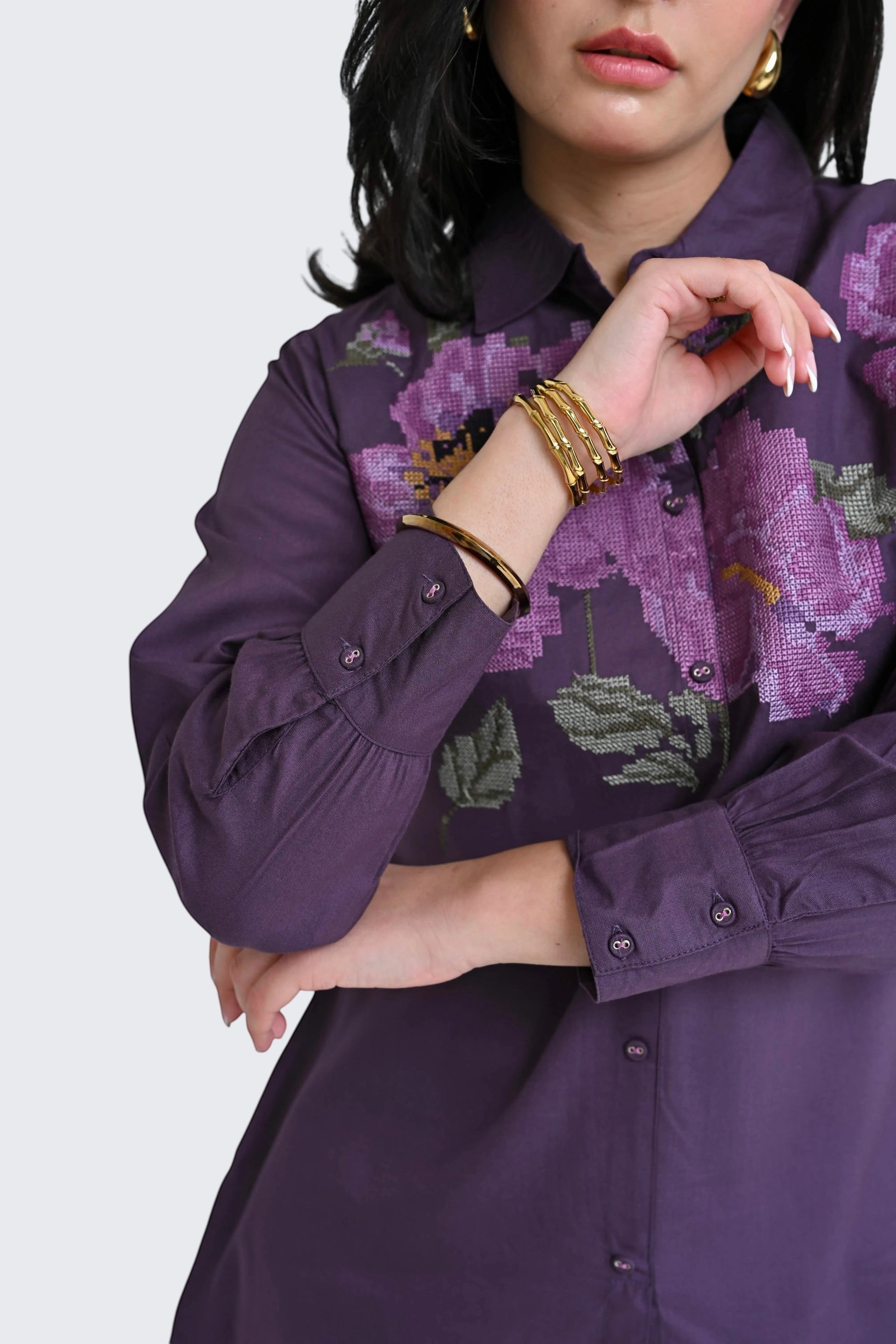 indigrey Ambrosia purple shirt featuring detailed pixel cross stitch floral embroidery and buttoned cuffs