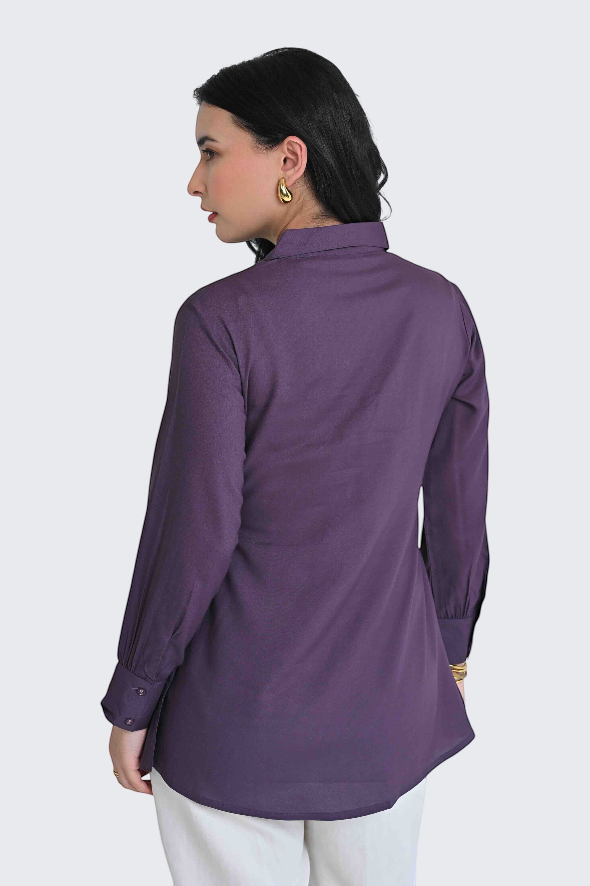 indigrey Ambrosia purple long-sleeve button-down shirt with collar, viewed from the back on a model