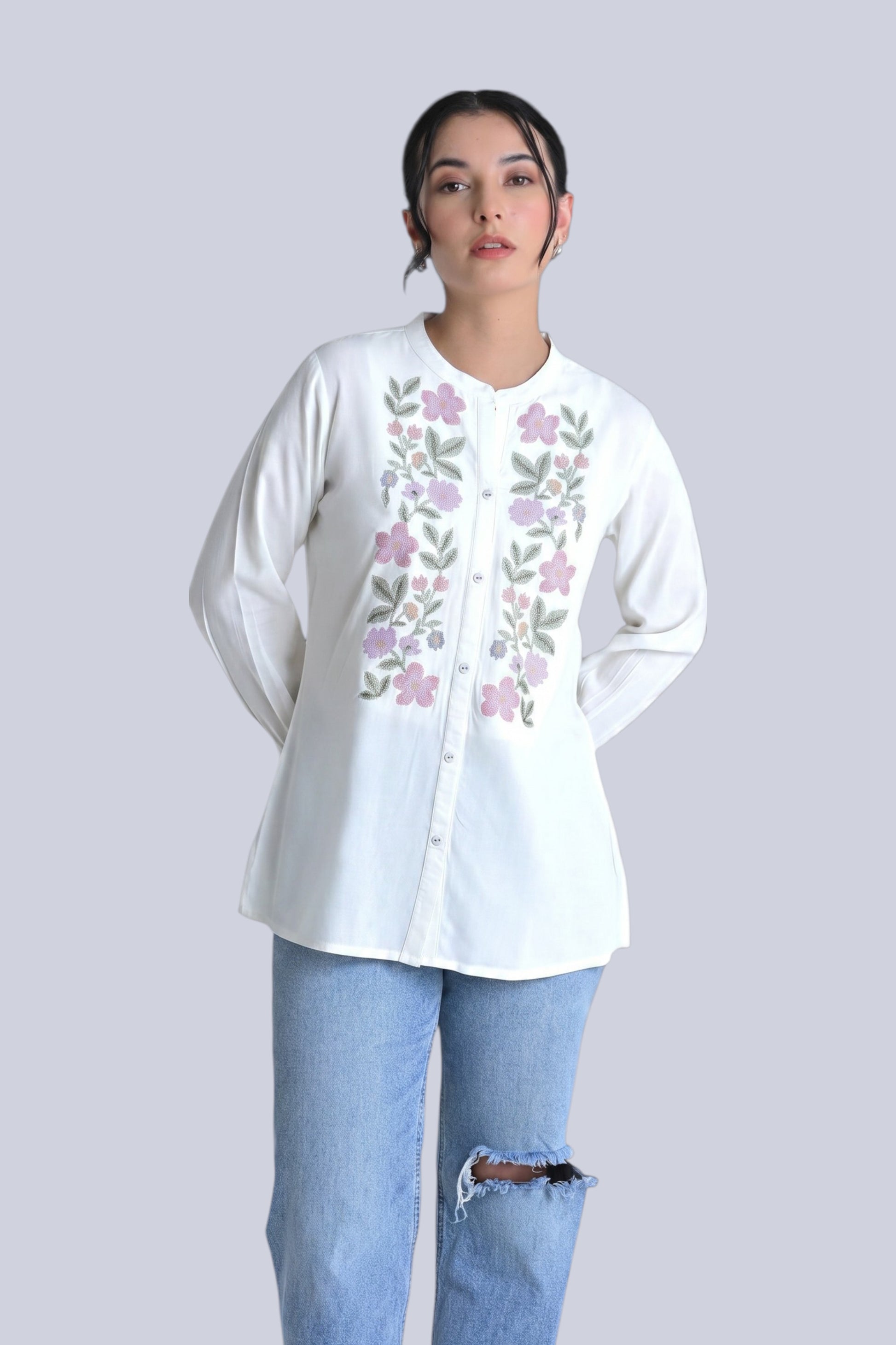 indigrey Aurora white shirt featuring handcrafted pink and green cross stitch floral embroidery and a mandarin collar