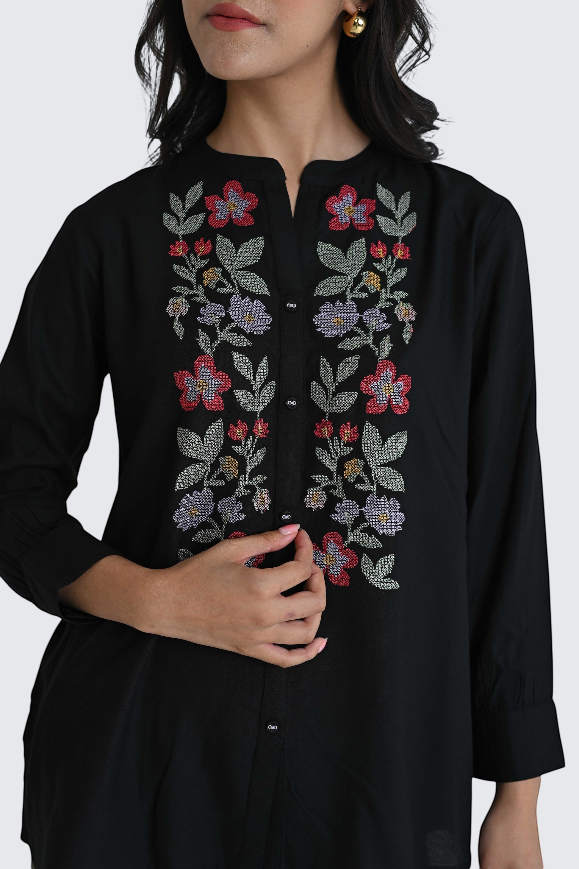 indigrey black shirt featuring handcrafted floral cross stitch embroidery and a mandarin collar