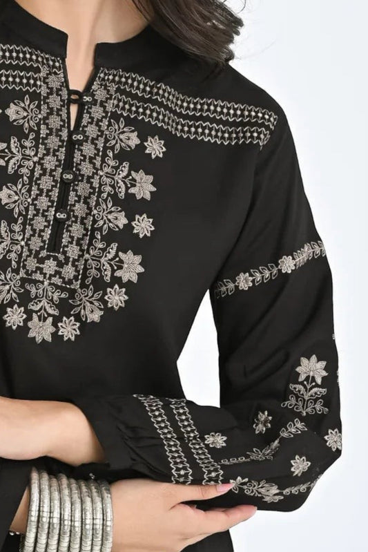 indigrey black straight-fit top with intricate white latticework and floral embroidery on neckline and sleeves