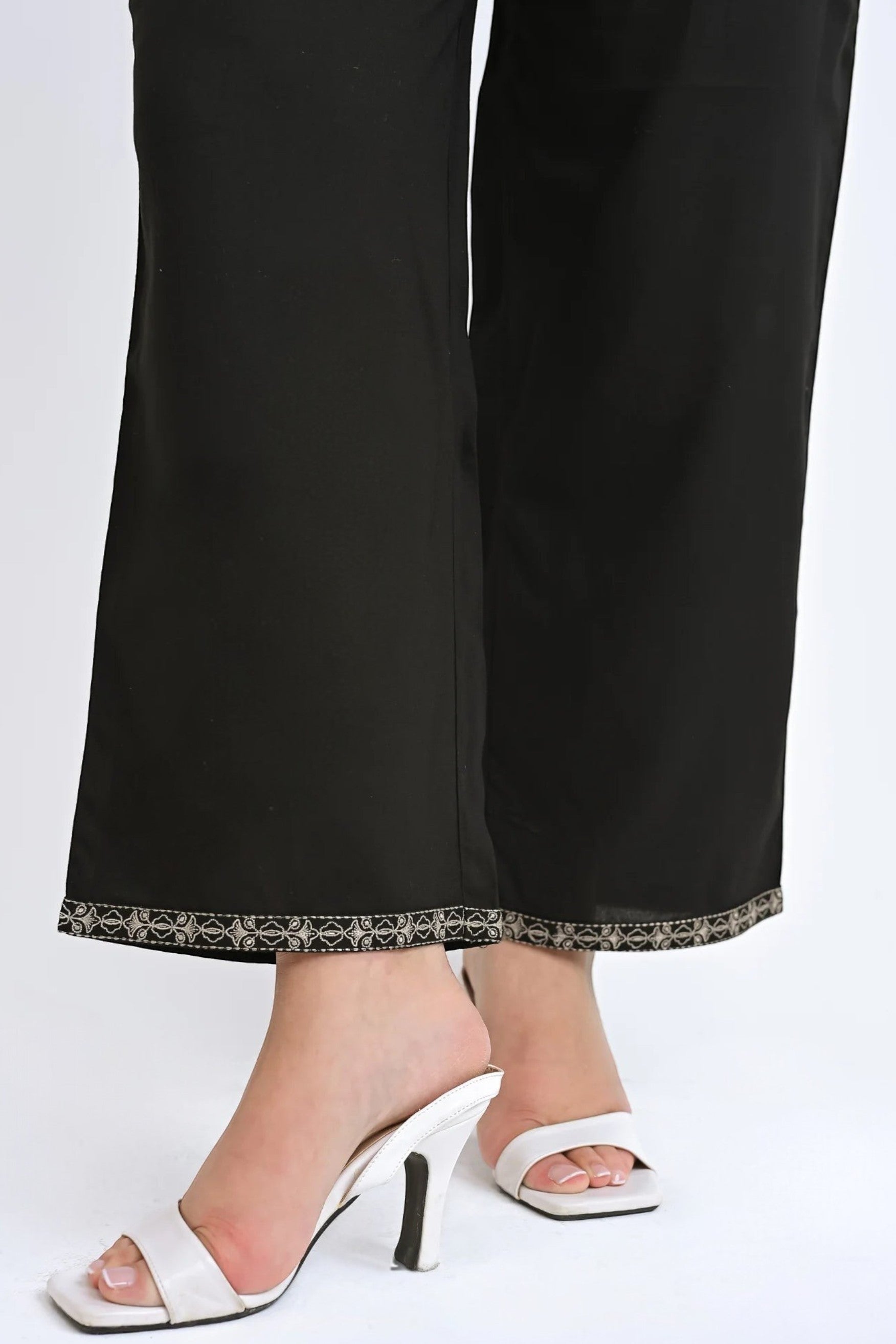 indigrey black co-ord set trousers featuring intricate Kashmiri-inspired stem threadfill embroidery at the hem