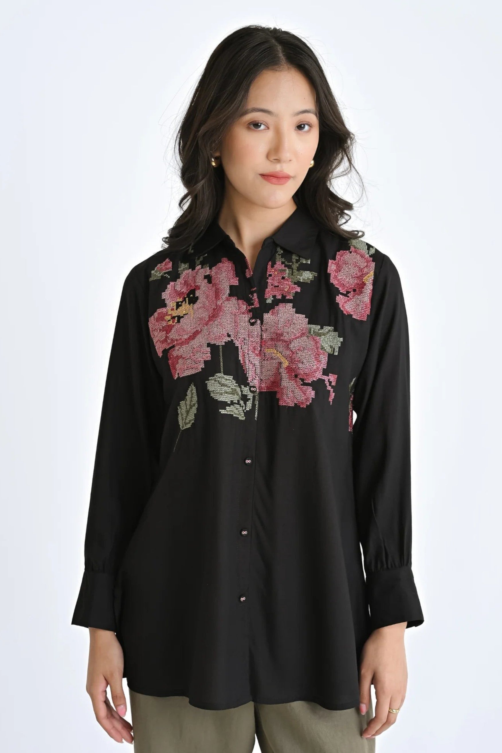 indigrey black shirt with intricate pink and green floral pixel cross stitch embroidery and a relaxed fit
