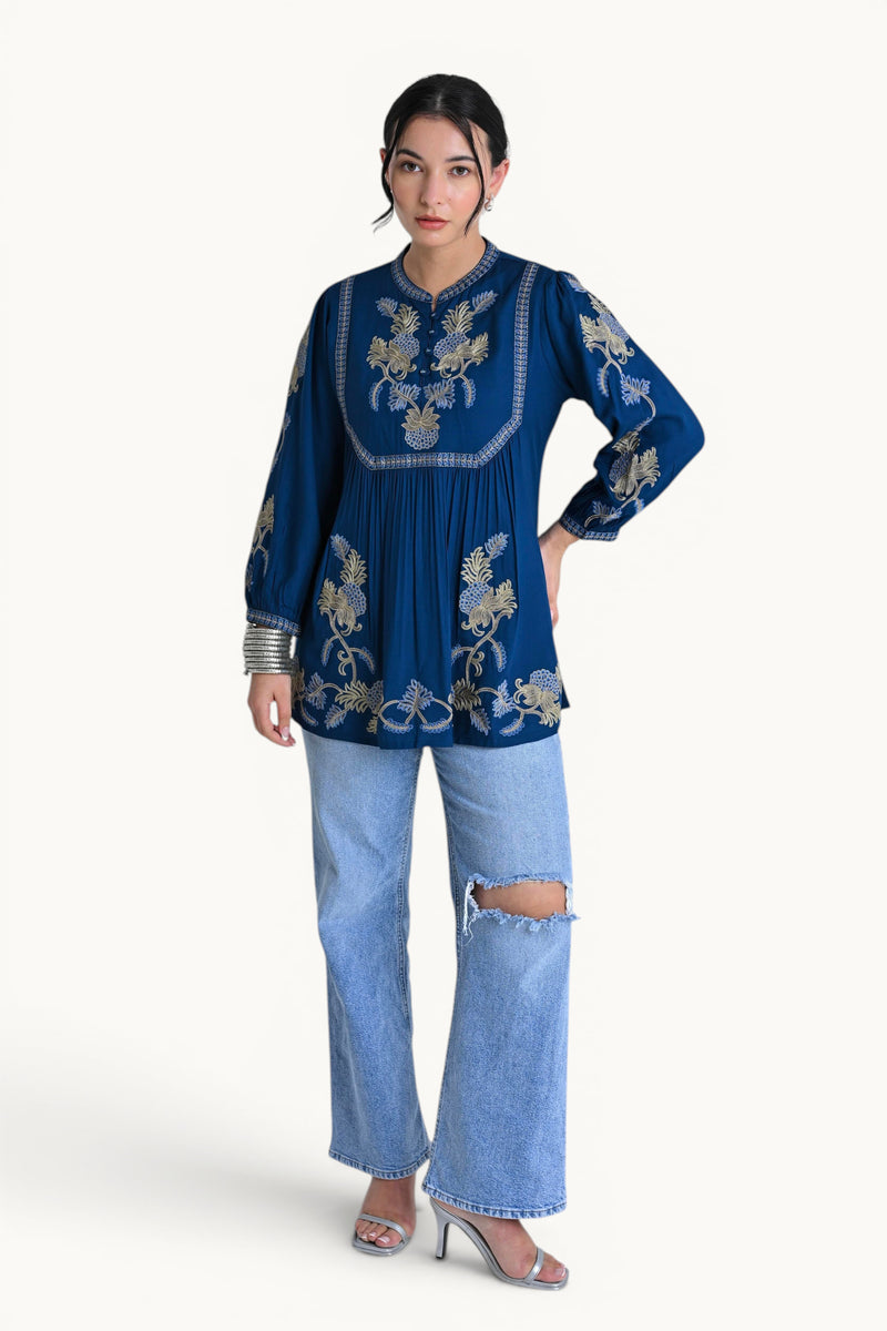 Dahlia Embroidered Top- Teal