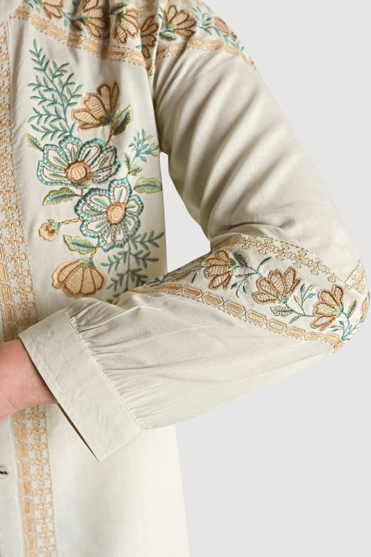 indigrey ivory shirt featuring intricate floral chain tatami embroidery on the yoke and sleeves with embossed detail