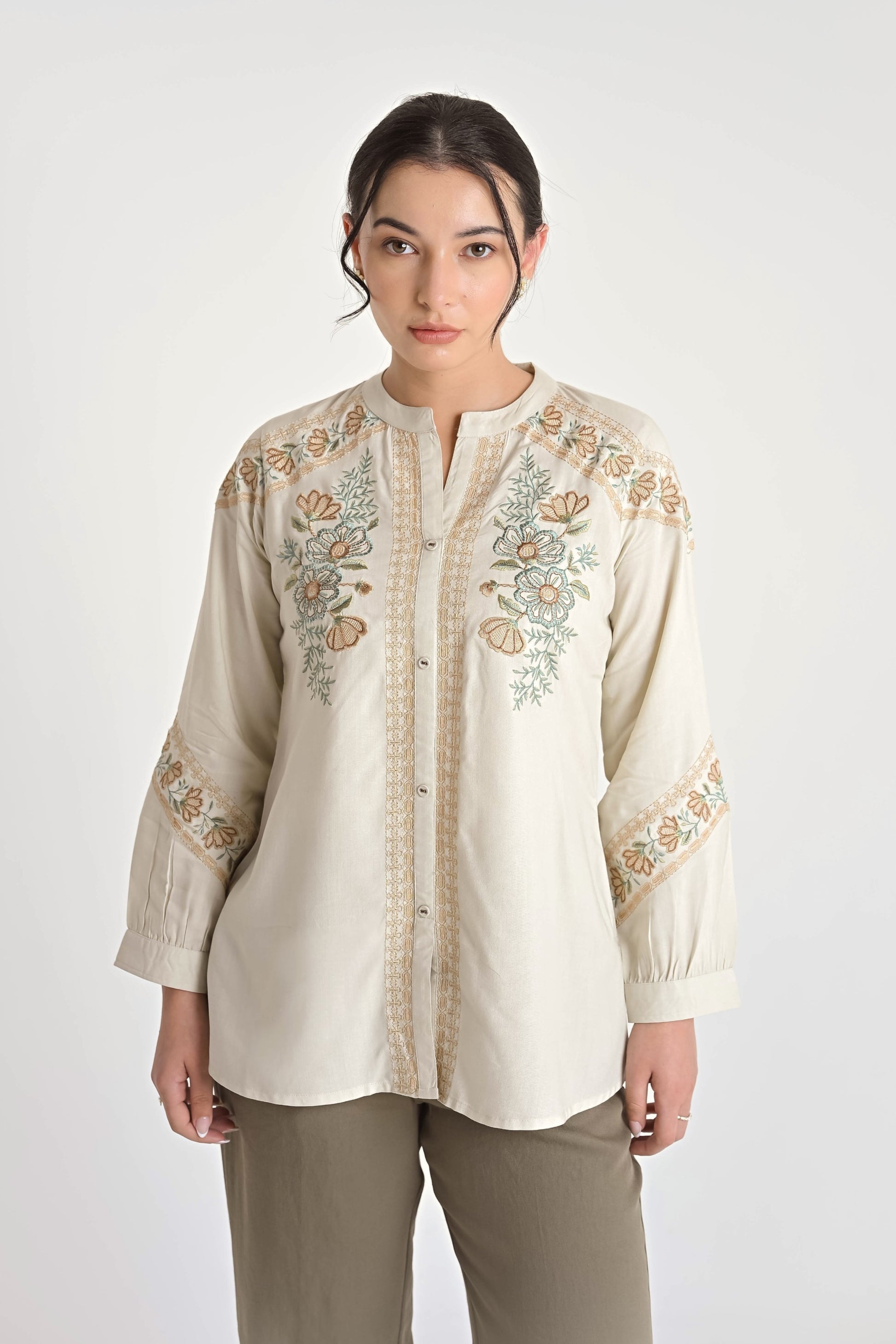 indigrey ivory shirt with earthy floral chain tatami embroidery on yoke and sleeves, featuring a relaxed fit.