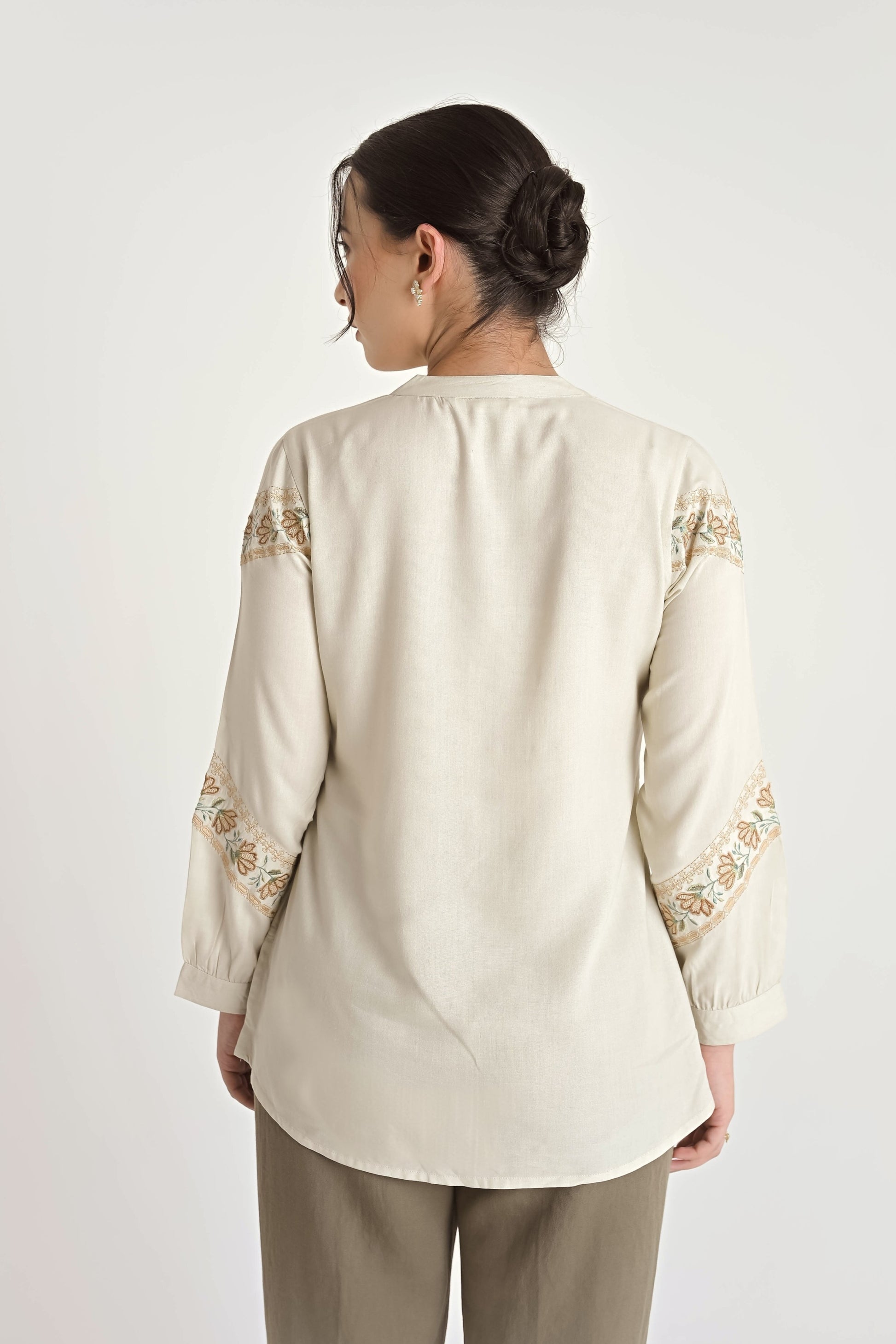 indigrey ivory shirt featuring chain tatami floral embroidery on the yoke and sleeves with a relaxed fit