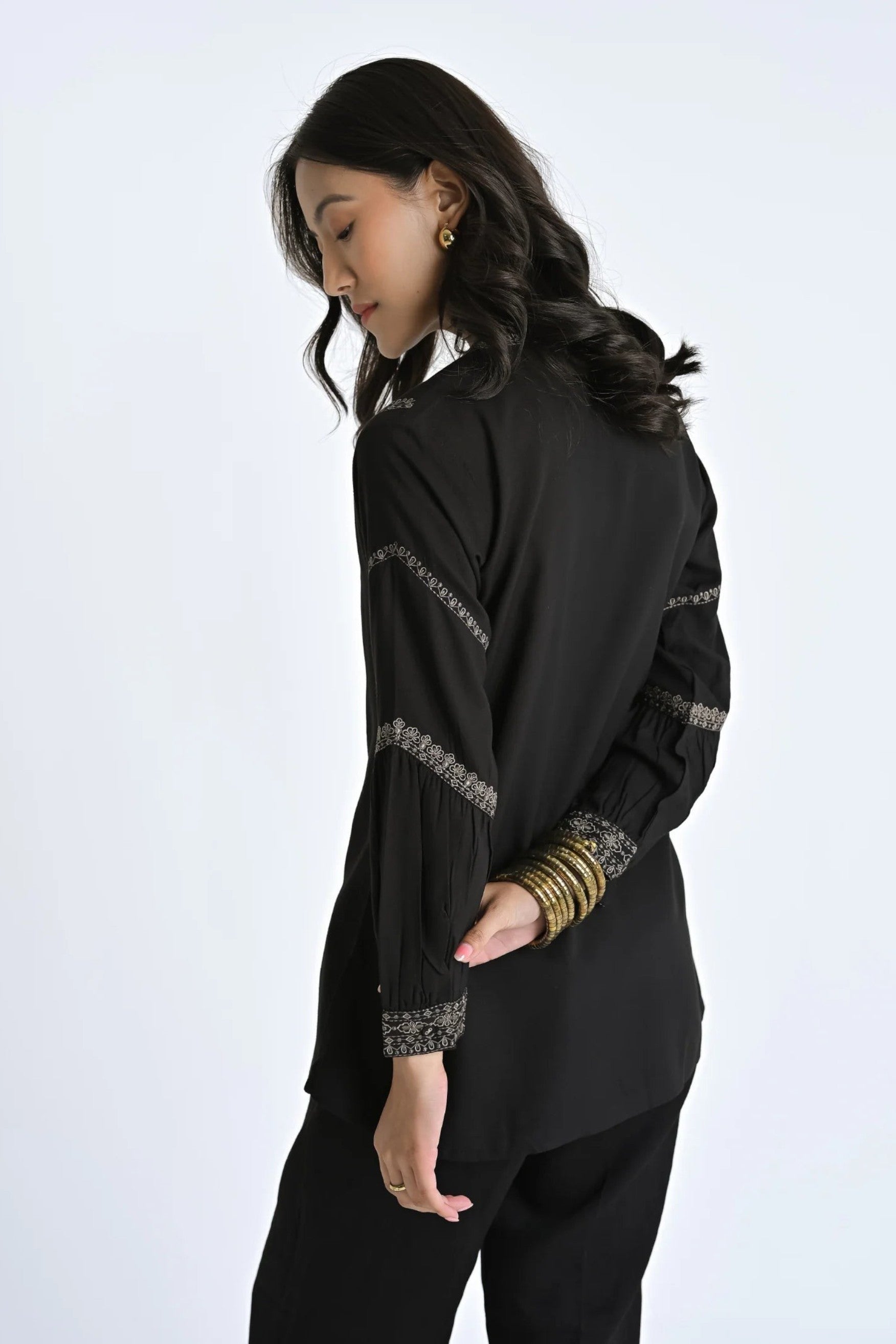 indigrey June black top with intricate filigree traceline floral embroidery on sleeves and cuffs