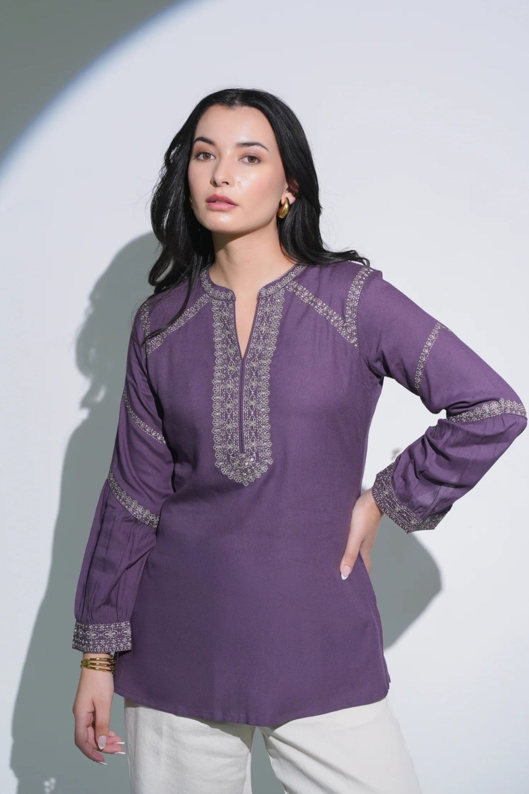 indigrey June purple top featuring intricate tonal filigree traceline embroidery on a long-sleeved silhouette.