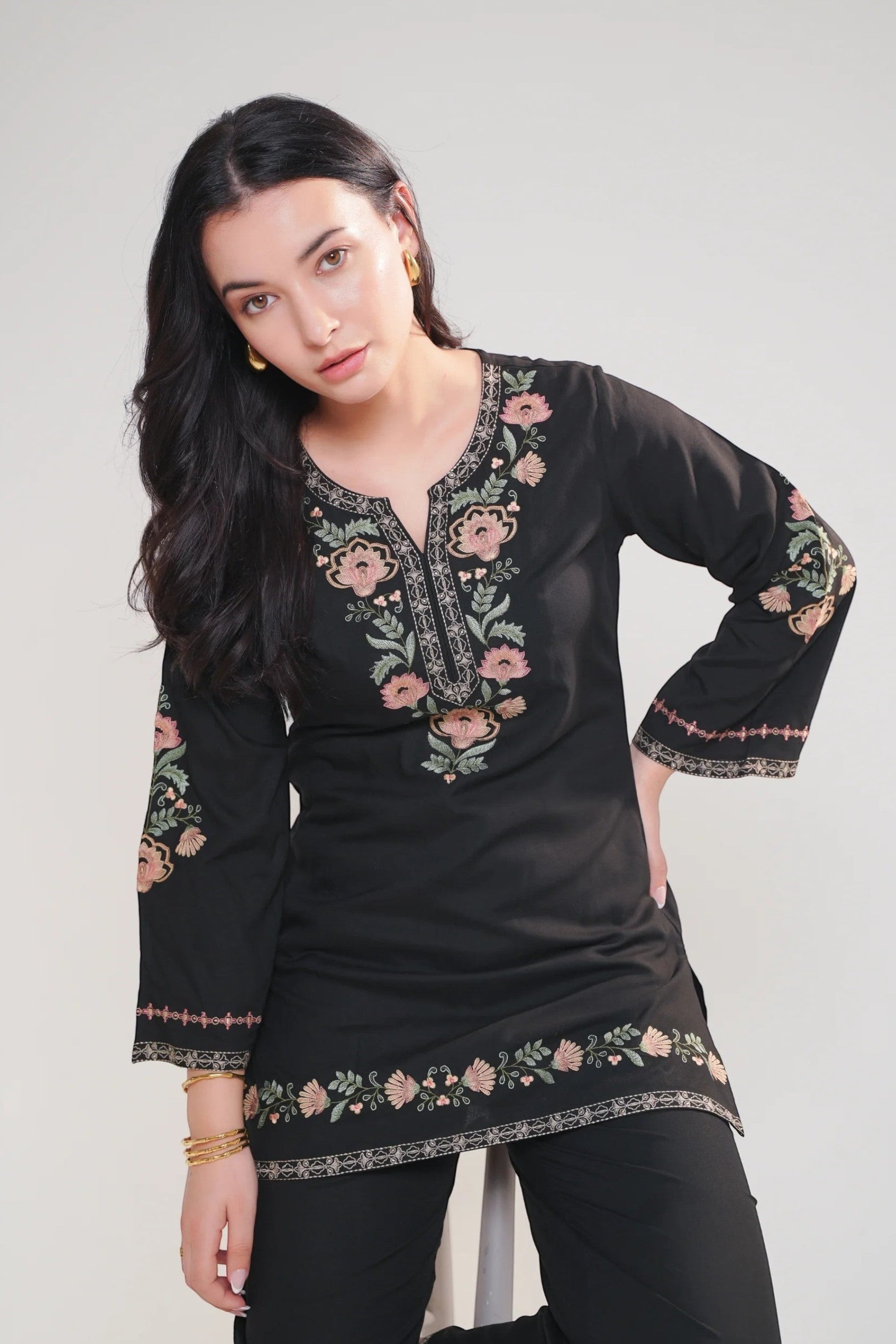 indigrey Kaia black co-ord set featuring Kashmiri-inspired floral stem threadfill embroidery on neckline and sleeves