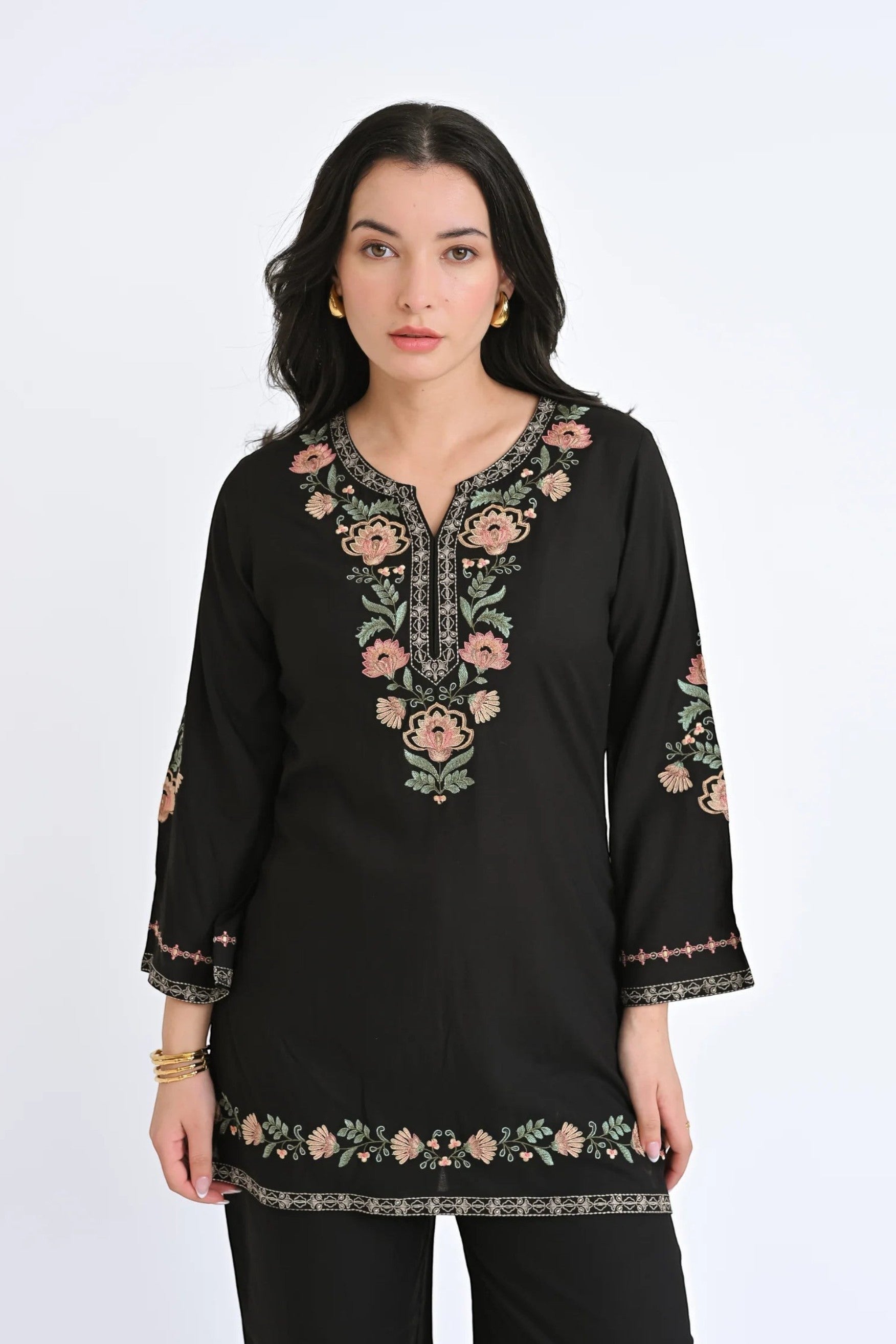 indigrey Kaia black co-ord set featuring Kashmiri-inspired floral stem threadfill embroidery on neckline and hem.