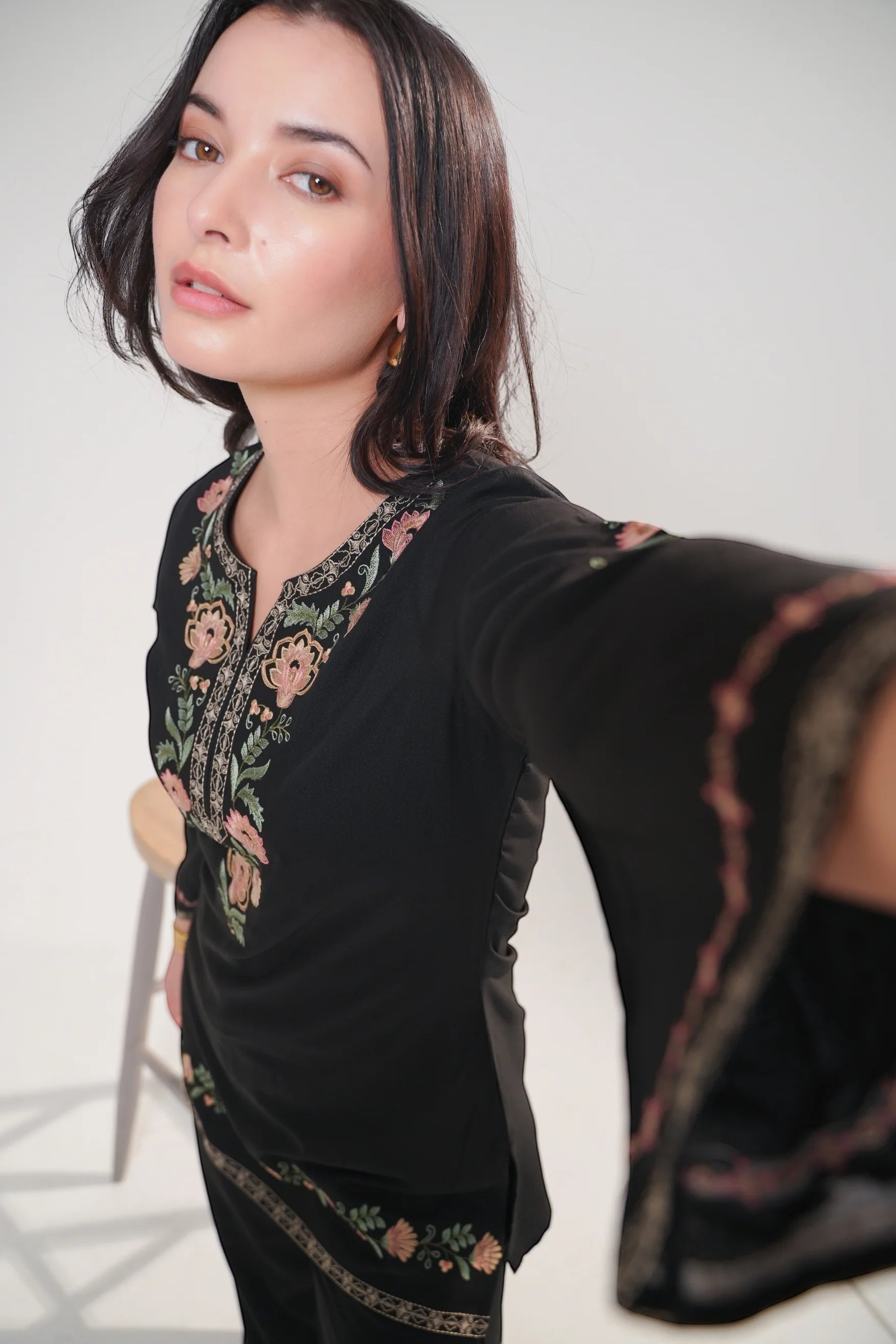 indigrey Kaia black co-ord set featuring Kashmiri-inspired floral stem threadfill embroidery on neckline and sleeves.