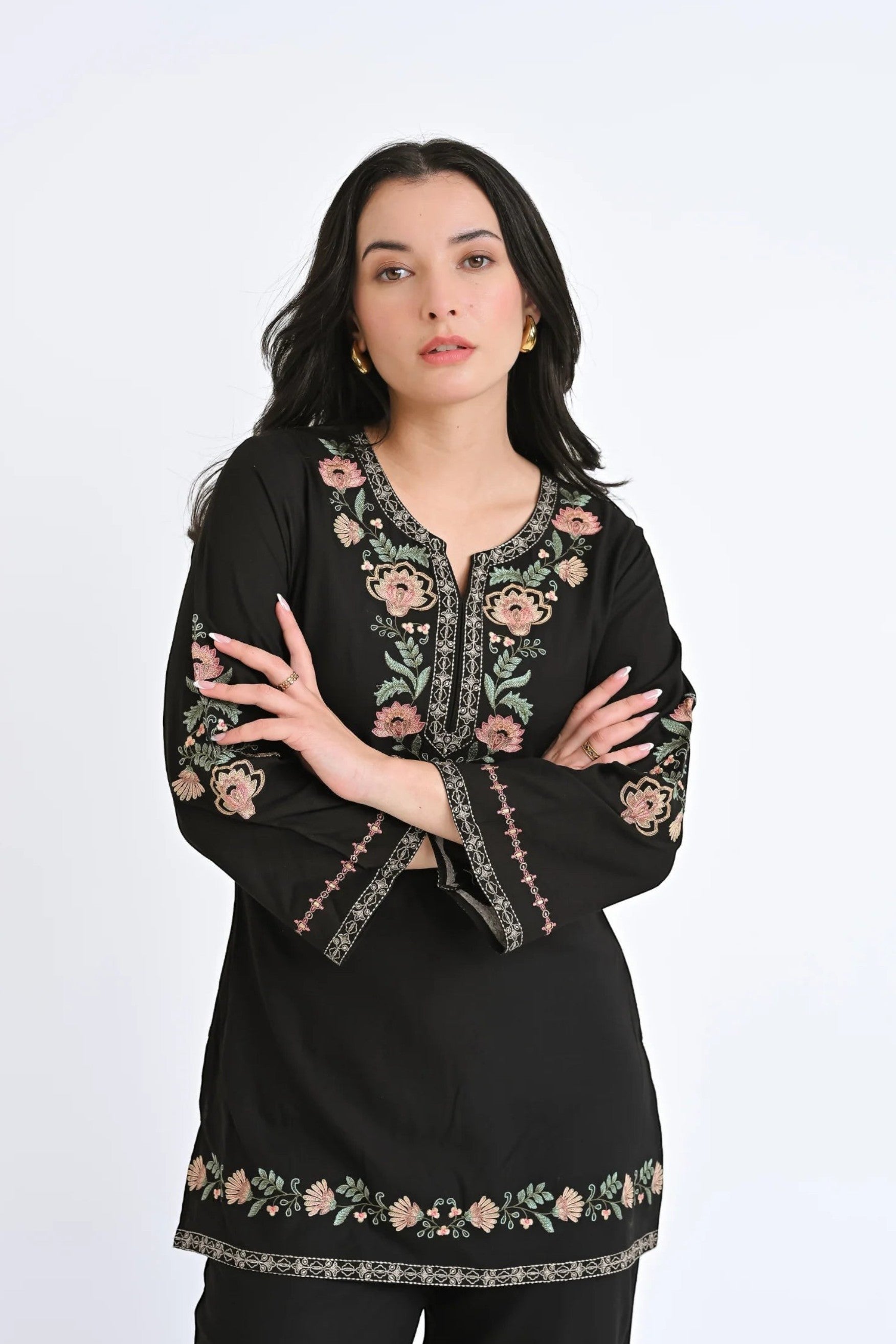 indigrey Kaia black co-ord set featuring intricate Kashmiri-inspired floral stem threadfill embroidery on the tunic.
