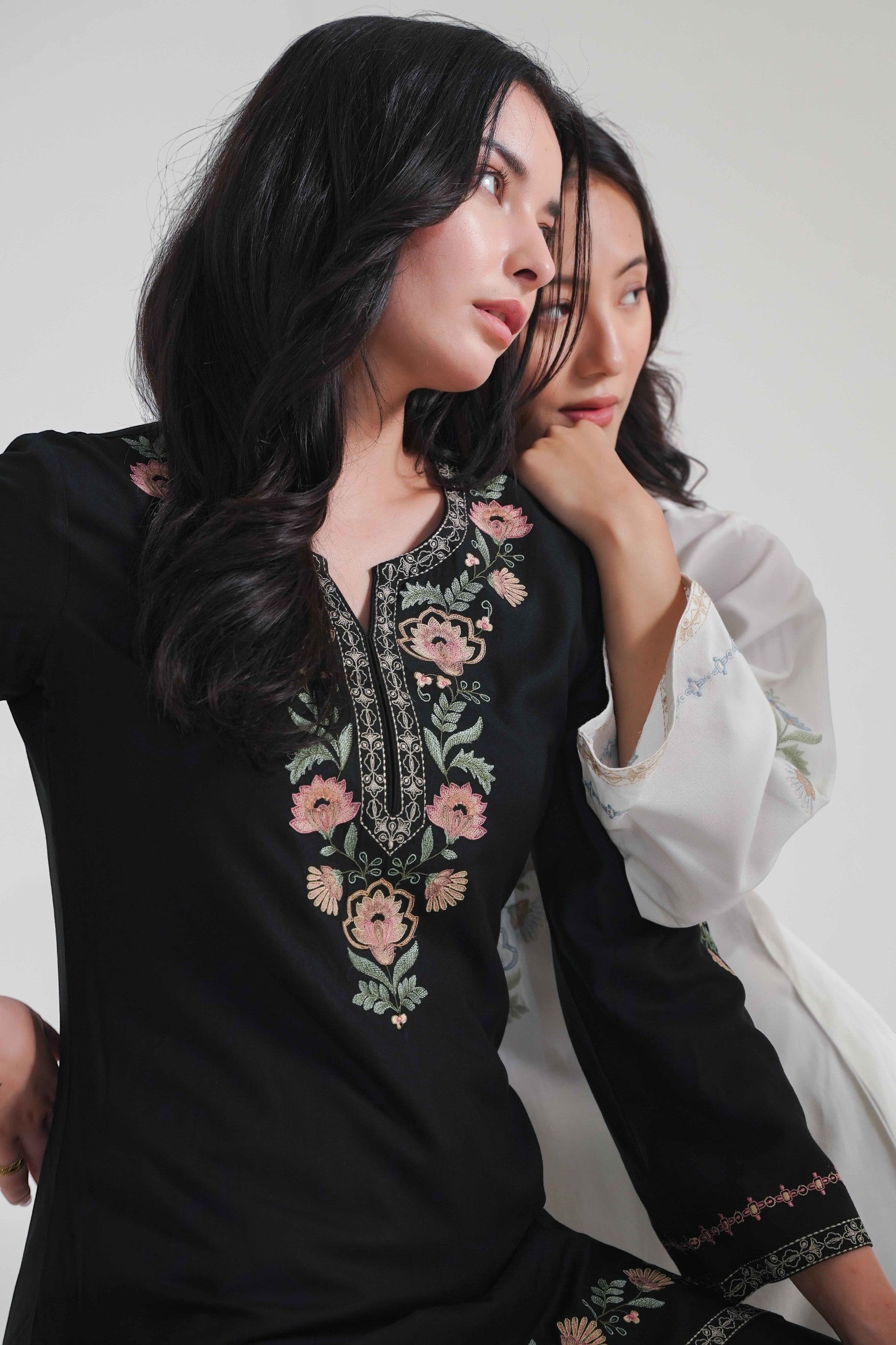 indigrey Kaia black co-ord set featuring intricate Kashmiri-inspired floral stem threadfill embroidery on the neckline