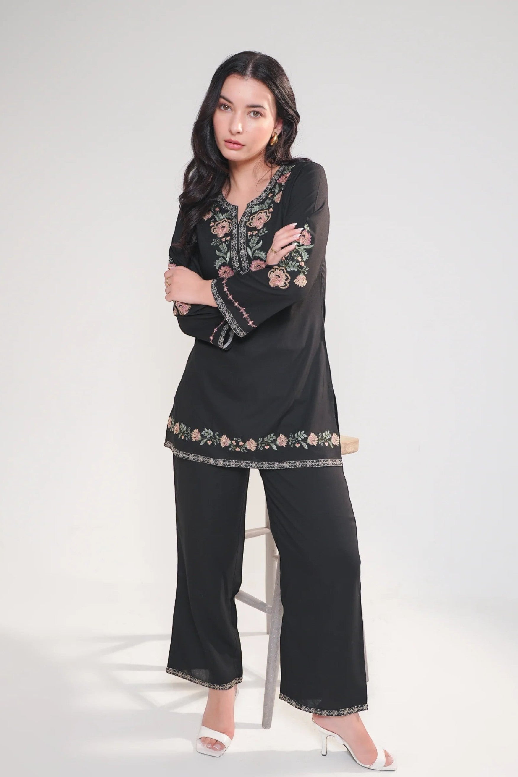 indigrey Kaia black co-ord set featuring Kashmiri-inspired floral stem threadfill embroidery on a tunic and trousers.