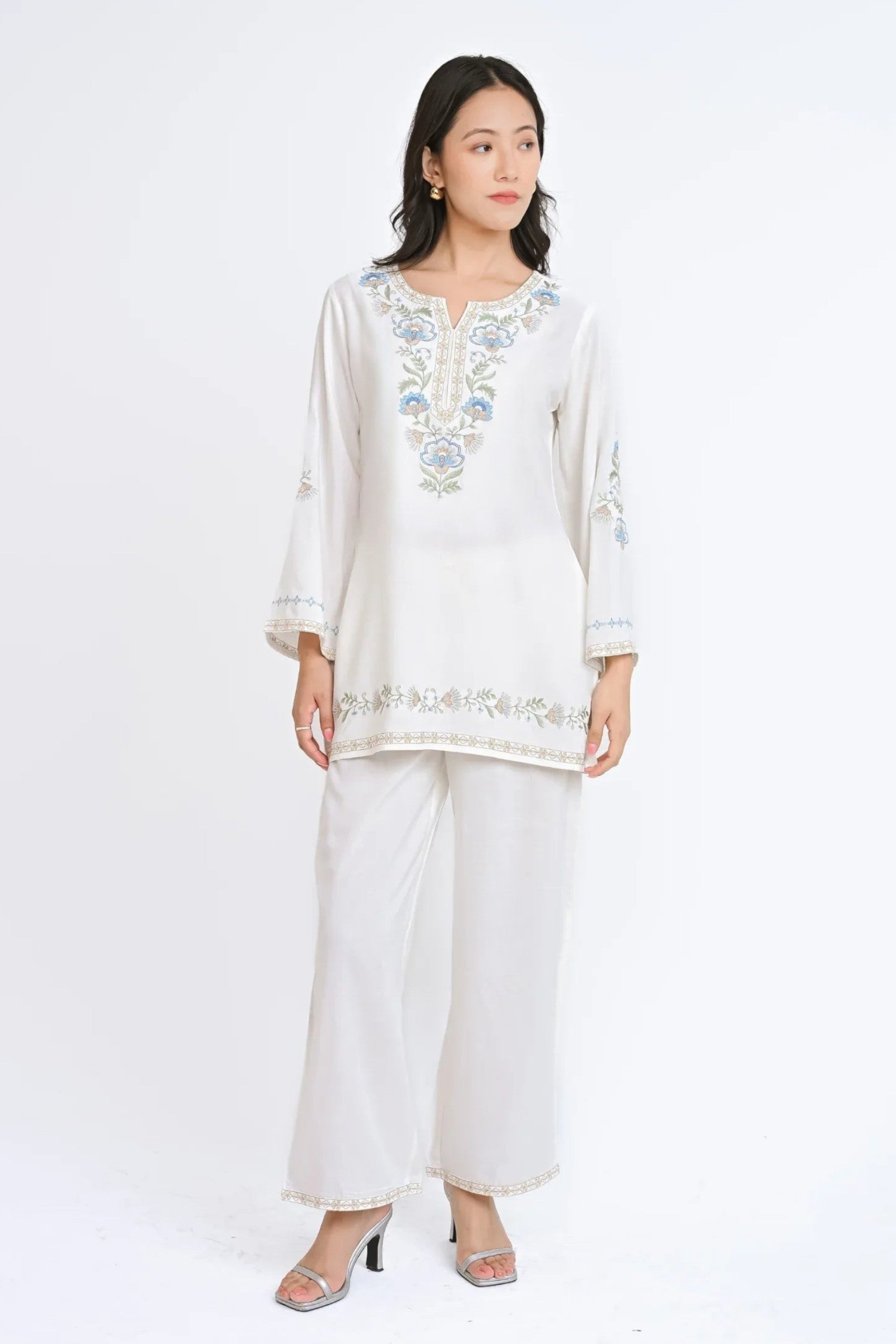 indigrey Kaia white co-ord set featuring delicate blue and green Kashmiri-inspired stem threadfill embroidery.