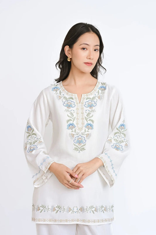 indigrey Kaia white co-ord set featuring delicate Kashmiri-inspired blue and green stem threadfill embroidery