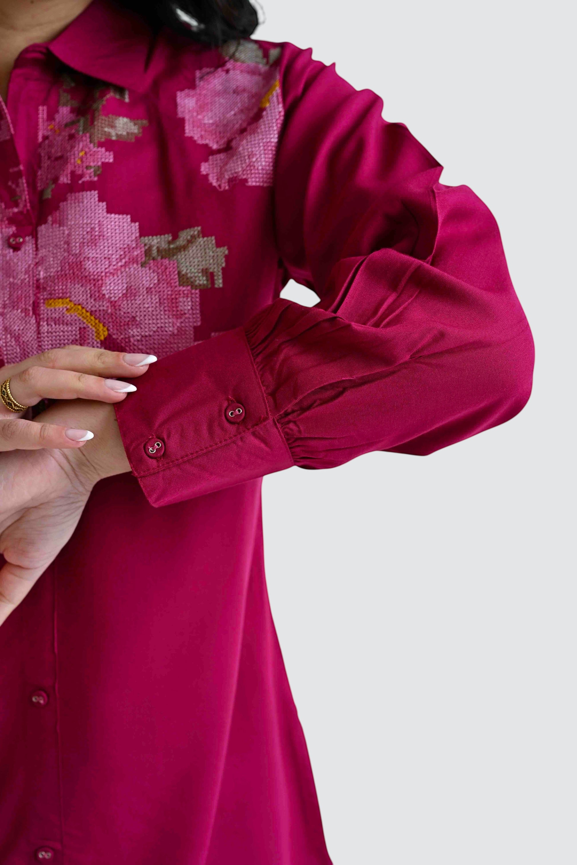 indigrey magenta button down shirt with floral chest embroidery and tailored long sleeves