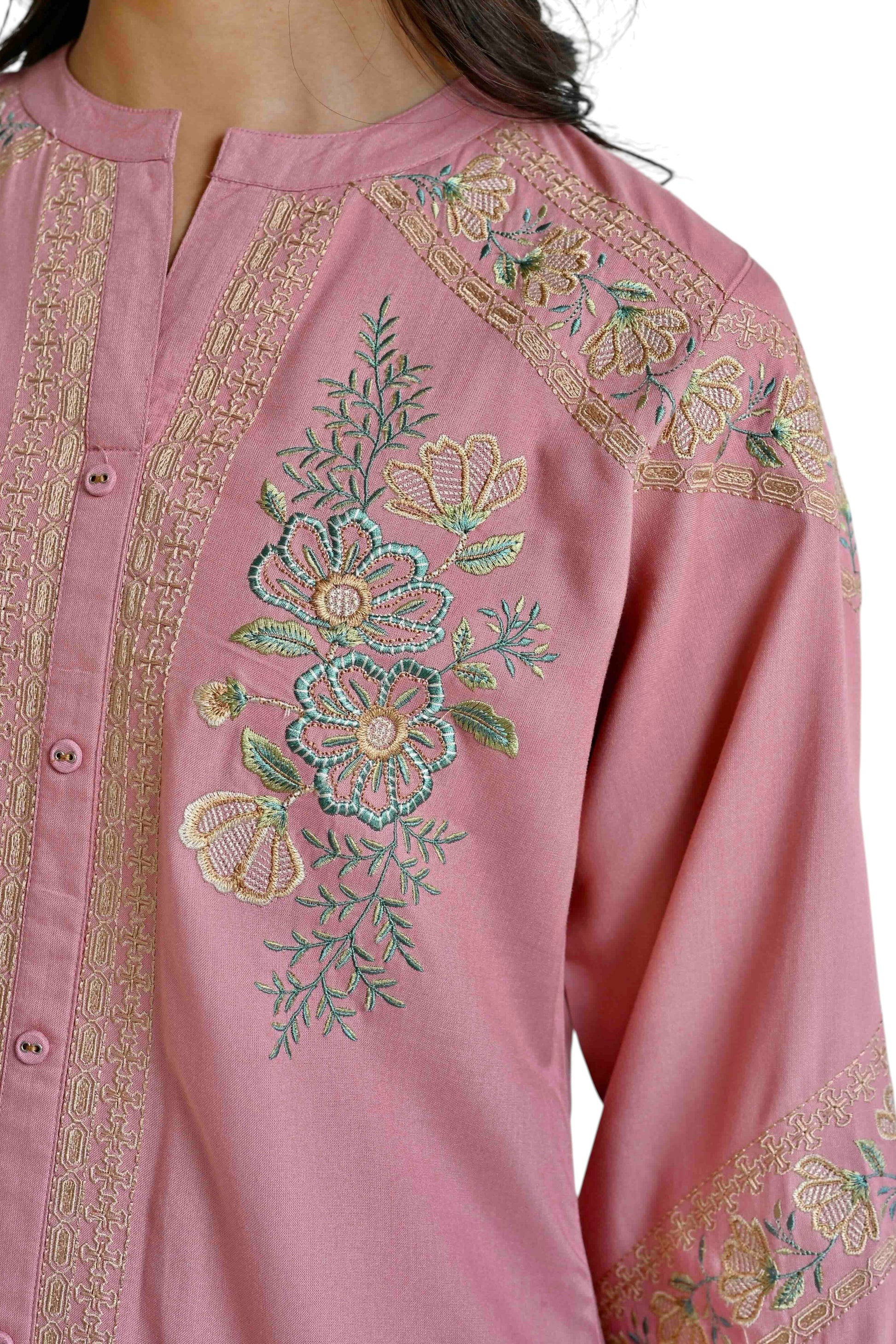 indigrey peach shirt featuring intricate floral Chain Tatami embroidery in muted earthy tones and a mandarin collar.
