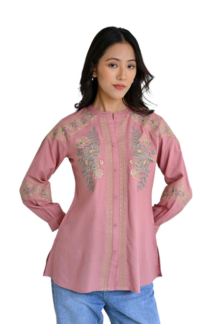 Fern Embroidered Shirt Top- Peach