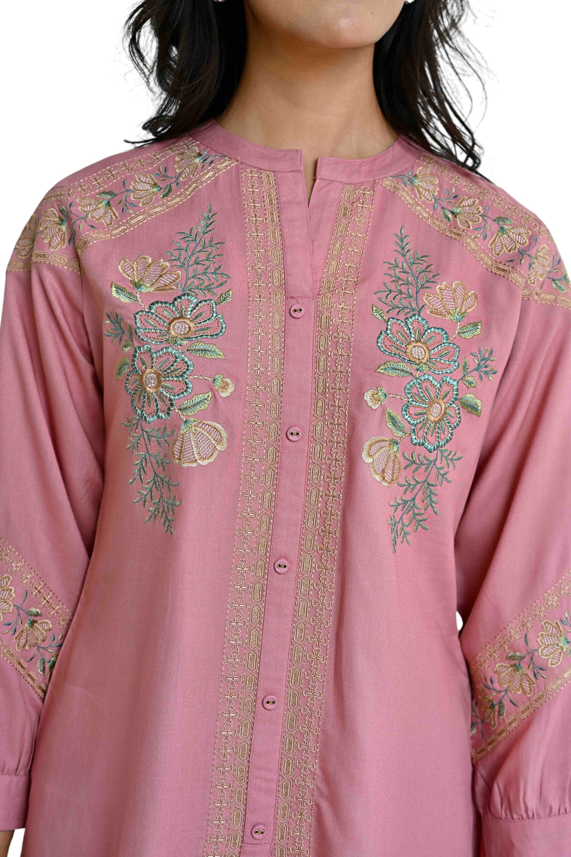 indigrey peach shirt featuring delicate floral chain tatami embroidery in muted earthy tones and a mandarin collar