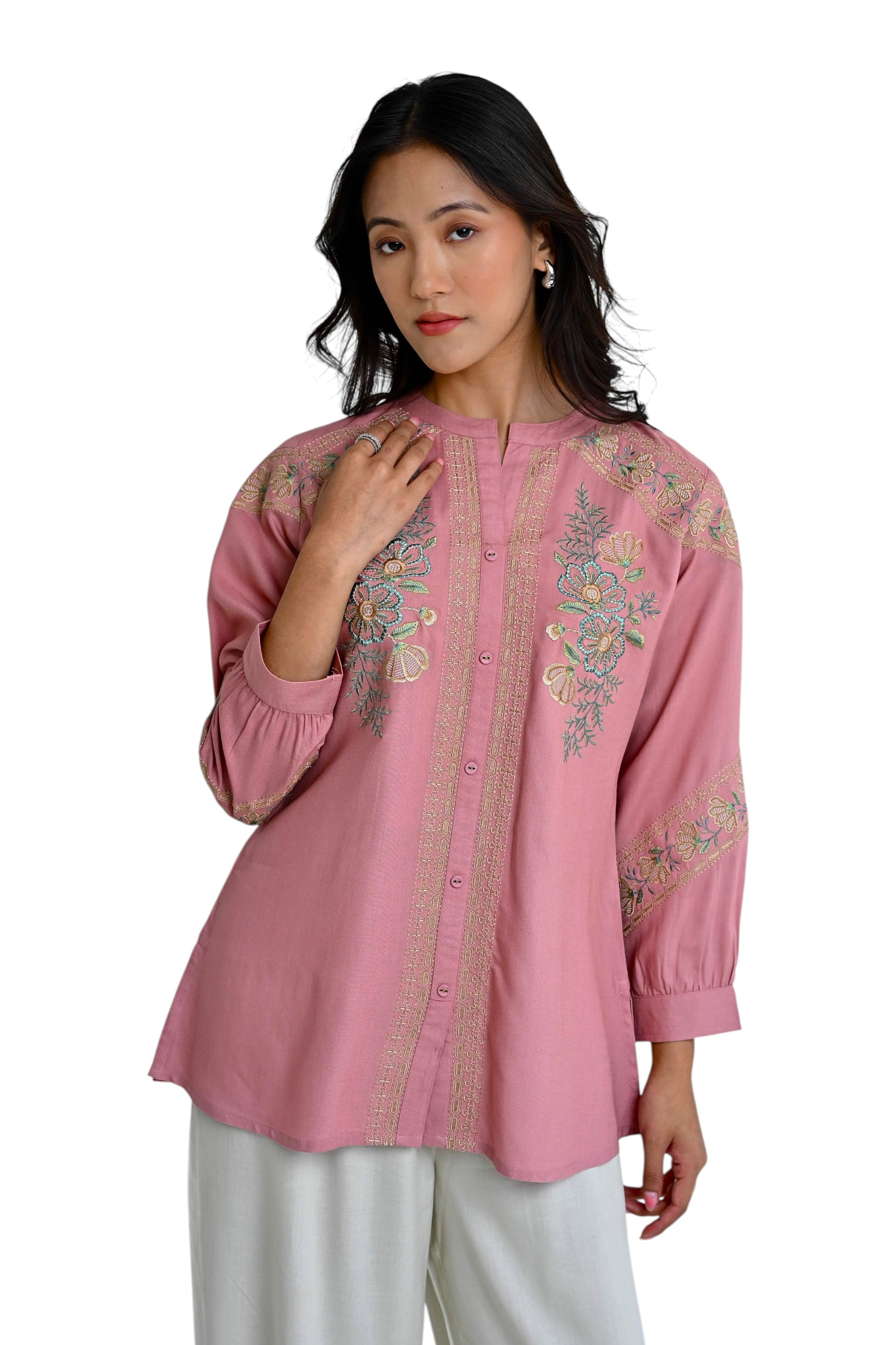 indigrey peach shirt with delicate earthy chain tatami embroidery, featuring a mandarin collar and 3/4 sleeves.