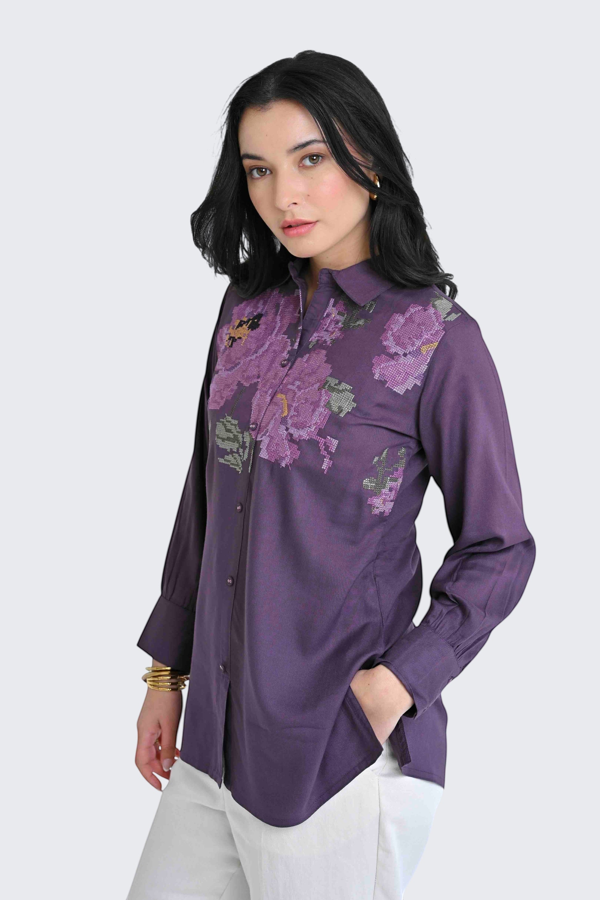 indigrey purple Ambrosia shirt featuring intricate pixel cross stitch floral embroidery and a classic collar