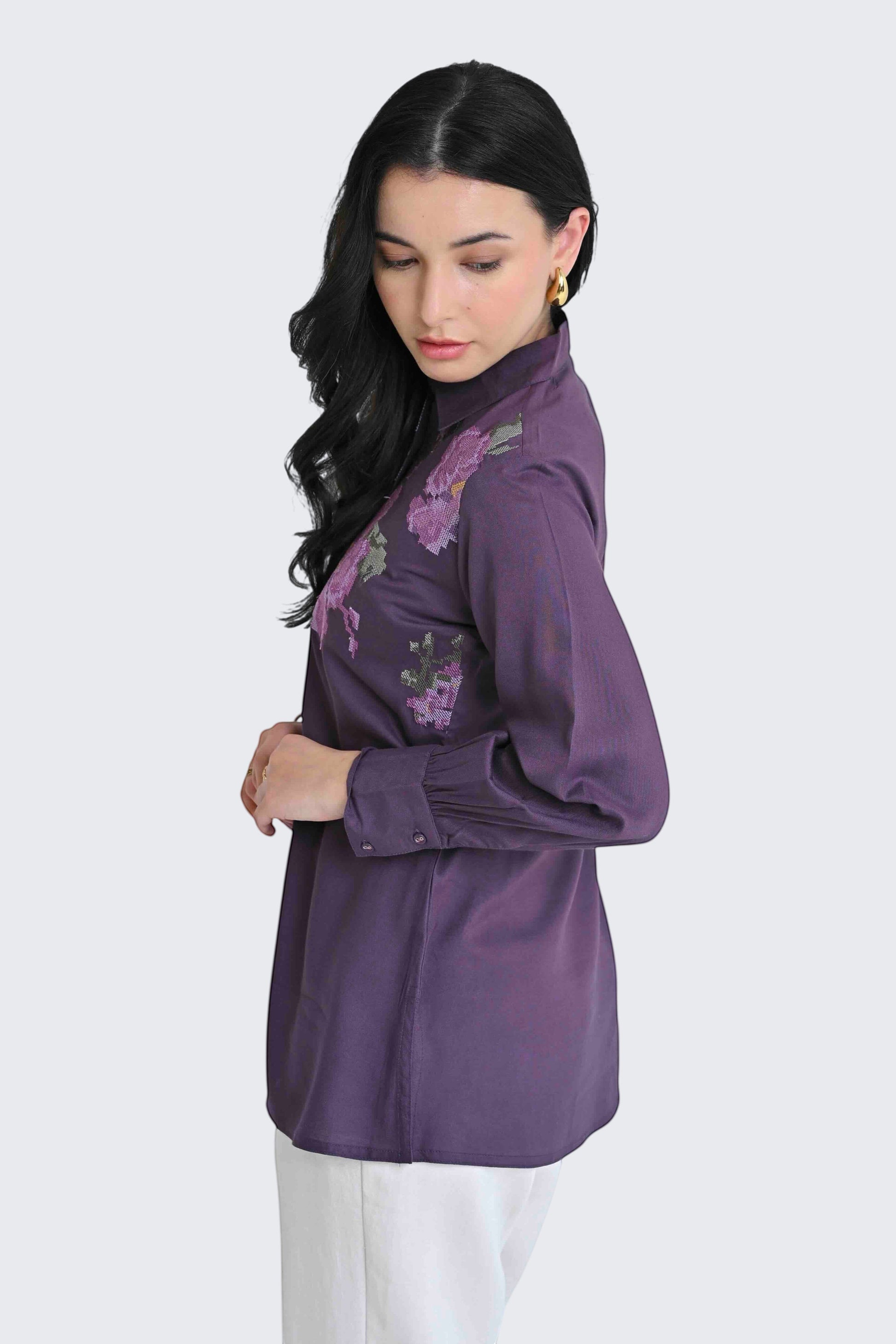 indigrey purple Ambrosia shirt featuring detailed pixel cross stitch floral embroidery on the shoulder and chest