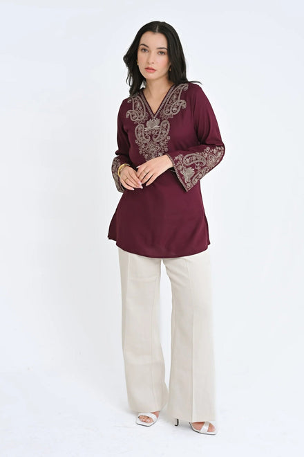 Raya Embroidered Top- Wine