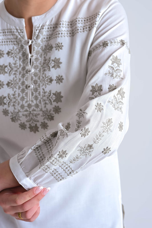 indigrey white top with intricate grey floral latticework embroidery, mandarin collar, and long sleeves.