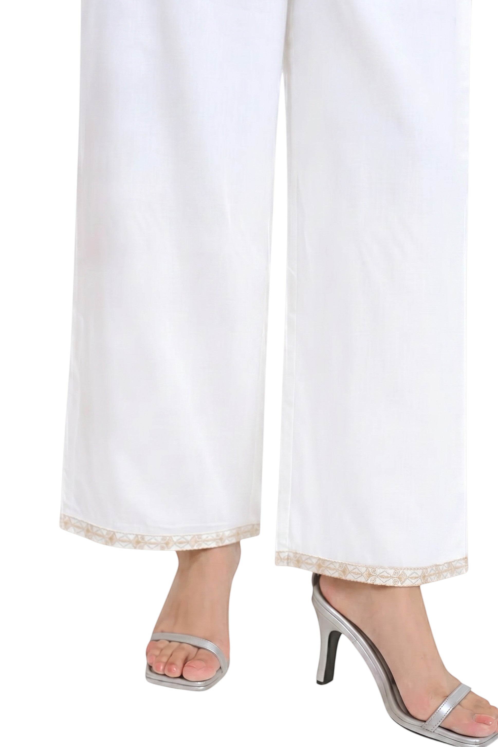indigrey white Kaia co-ord trousers featuring delicate Kashmiri-inspired stem threadfill embroidery on the hem