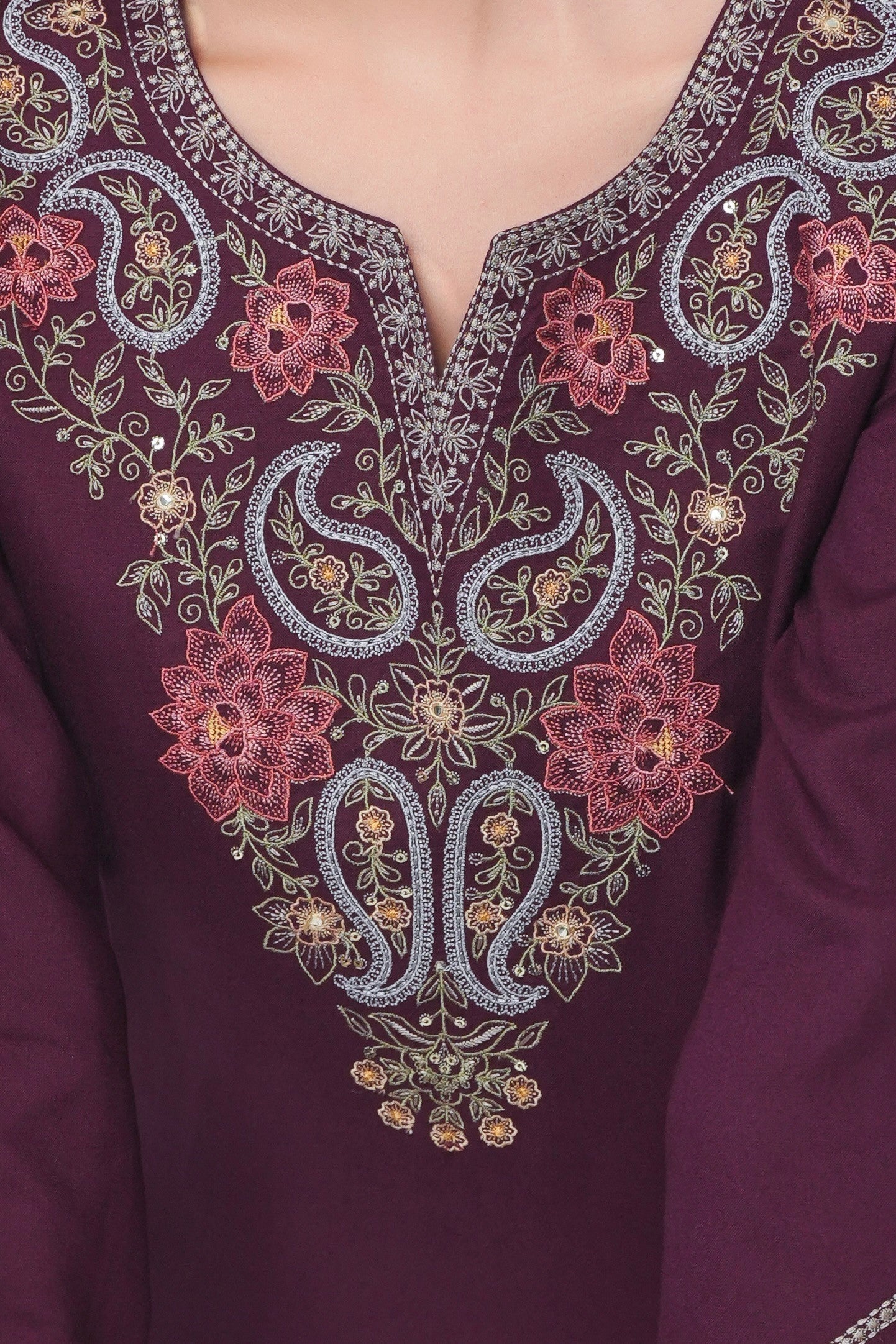 indigrey wine embroidered top featuring intricate floral and paisley Linefill motifs with delicate sequin accents