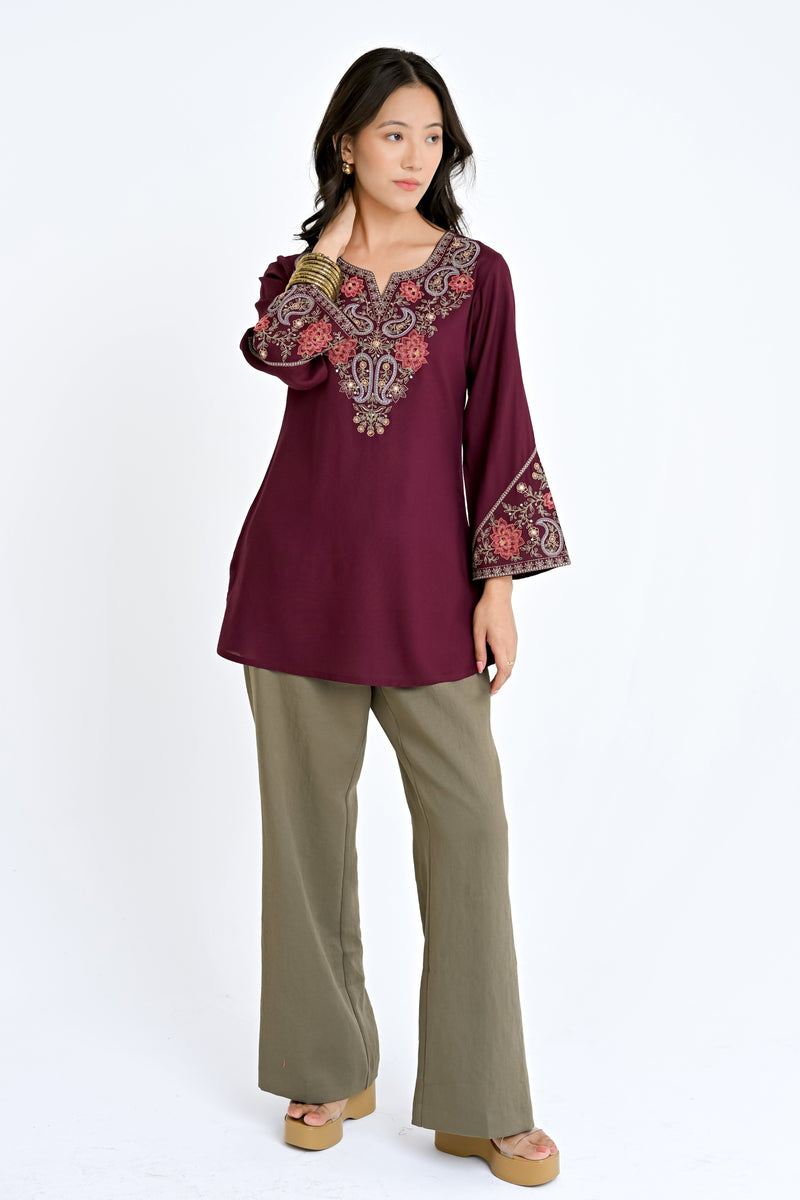 Ambi Embroidered Top- Wine